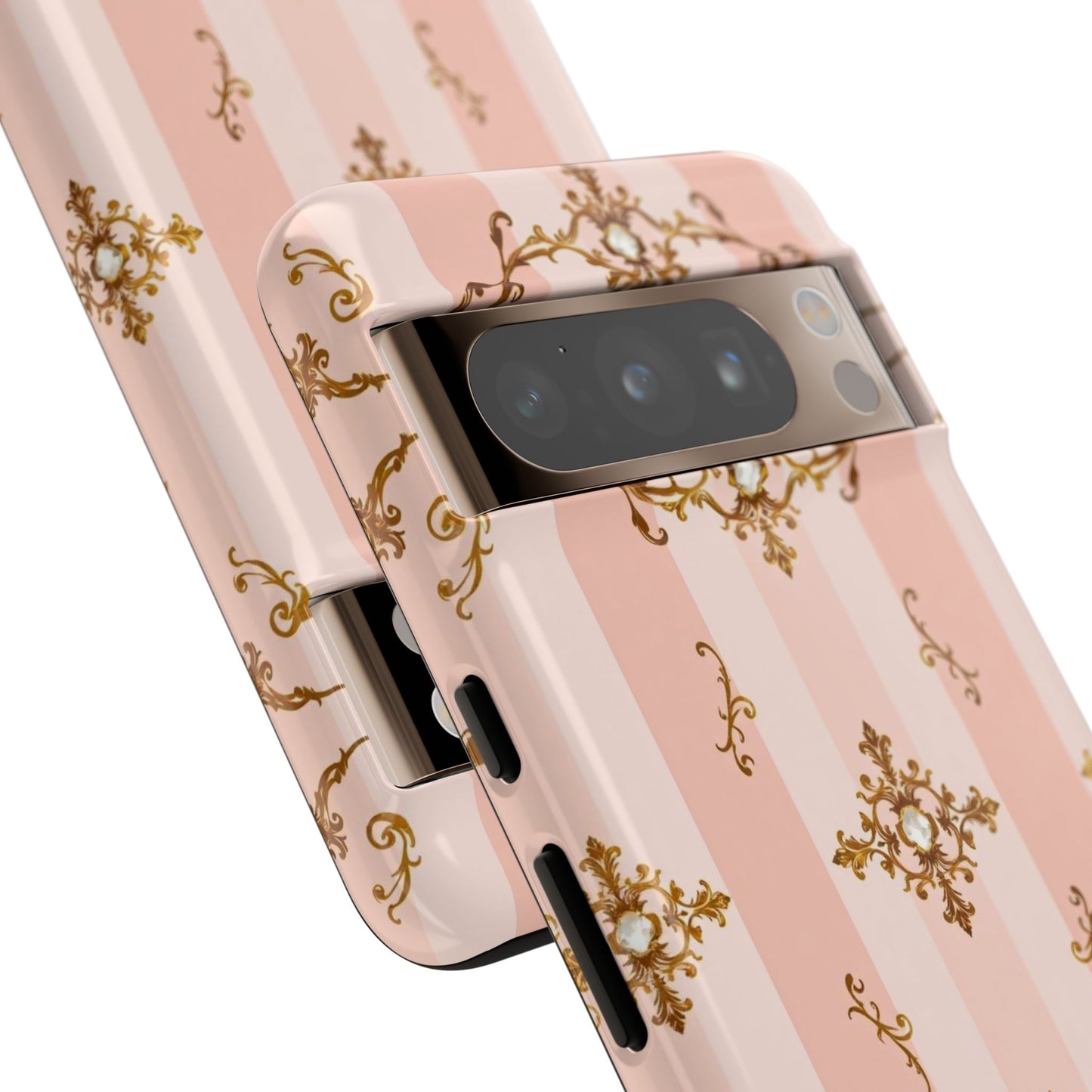 Elegant Floral Phone Case, Tough Cases for Women, Trendy Phone Cover, Chic Gift - Pink Jeweled Striped Gold Baroque