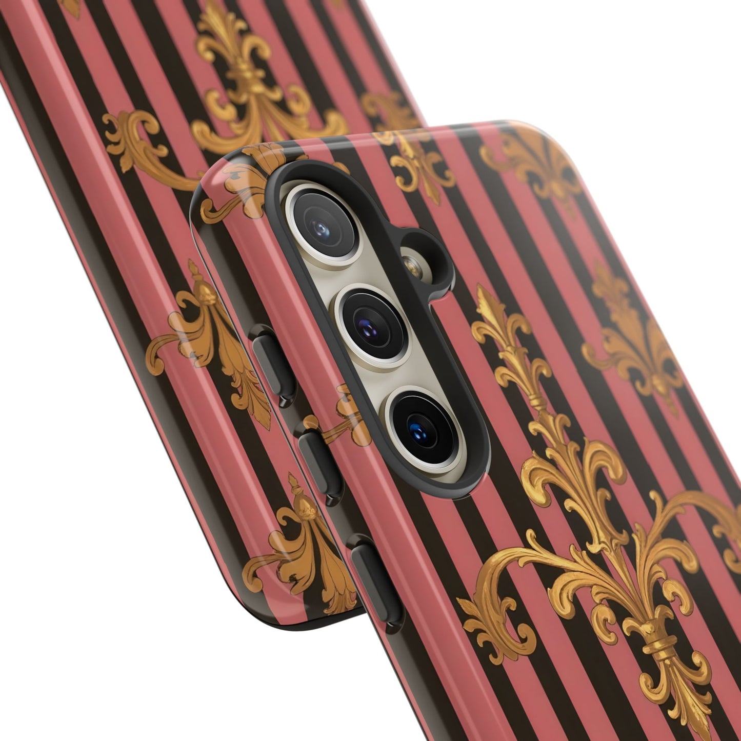 Elegant Floral Motif Phone Case - Tough Cases with Vintage Design - Mauve Striped Gold Damask