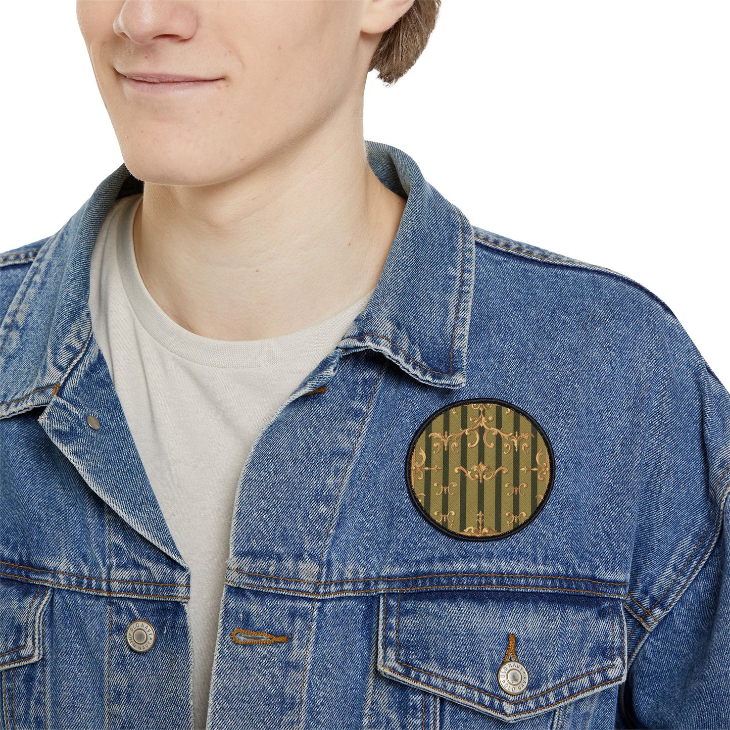 Vintage-Inspired Iron-On Patch for Jackets, Bags, and Crafts | Stylish Embellishments for DIY Projects - Olive Green Striped Rococo