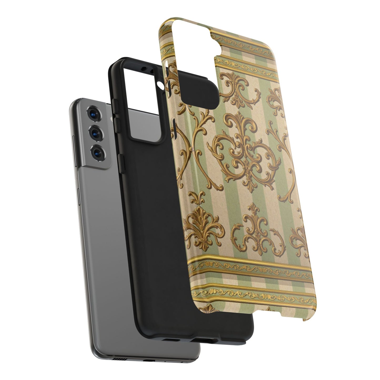Vintage Elegance Phone Case, Tough Phone Cases for Style, Gift for Birthdays, Stylish Protection - Mint Green & Beige Striped Gold Baroque