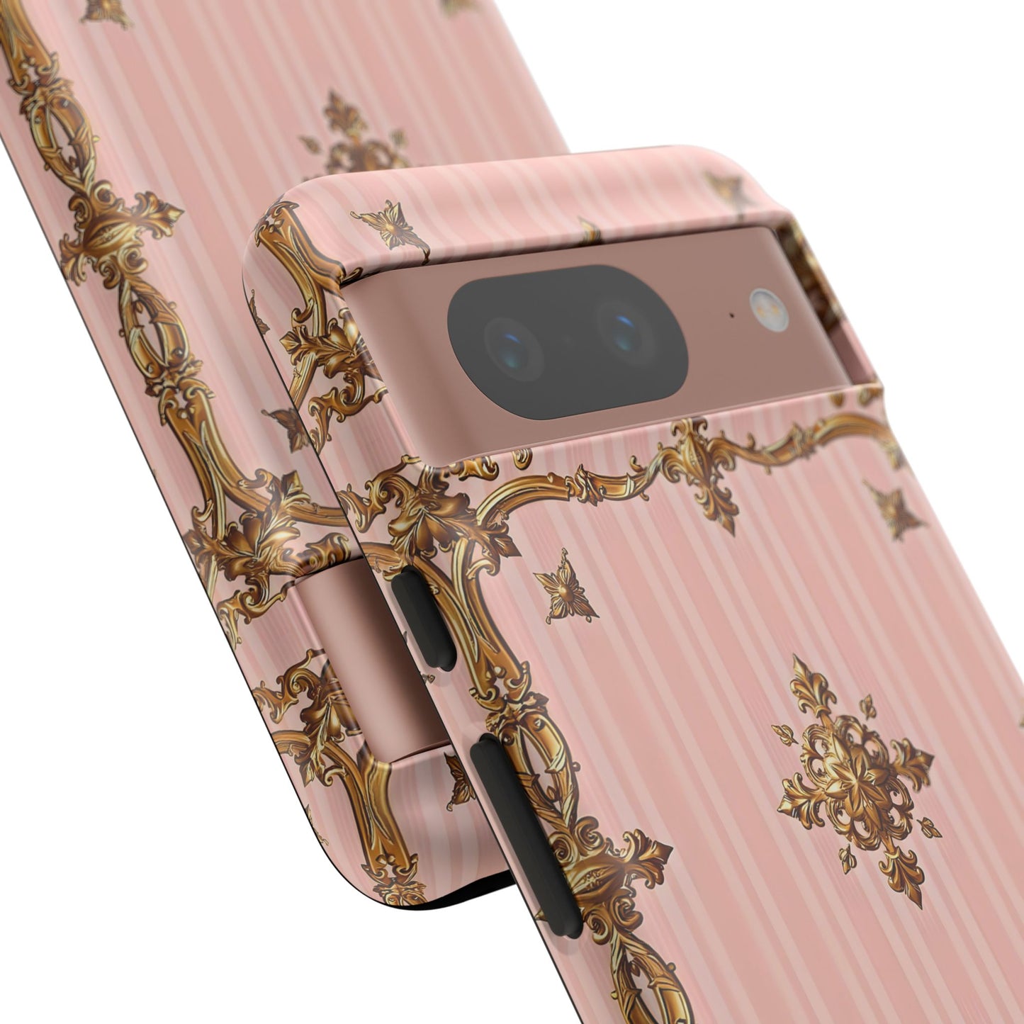 Elegant Floral Phone Case, Tough Cases for Women, Trendy Phone Cover, Chic Gift - Pink Striped Gold Baroque
