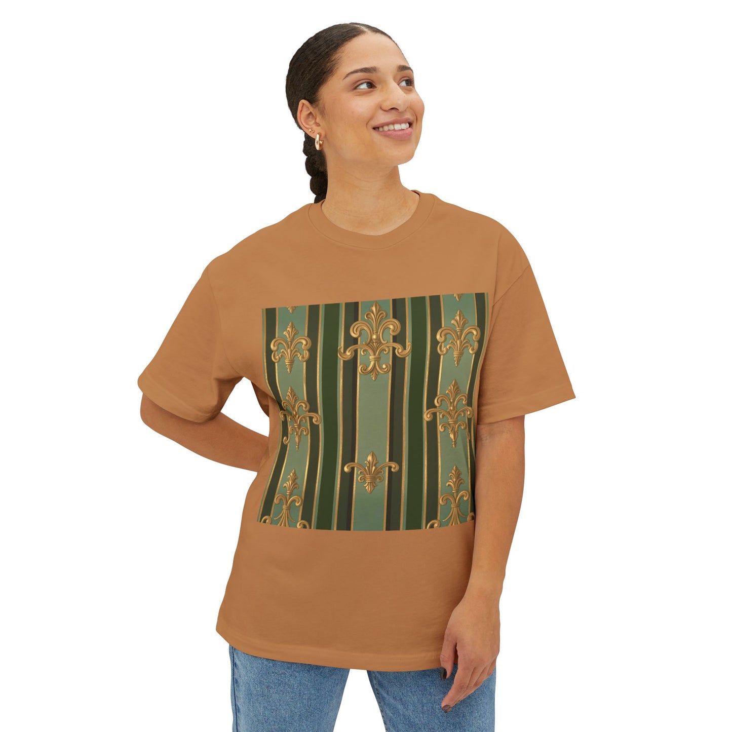 Elegant Vintage-Inspired Boxy Tee, Relaxed Fit Graphic T-Shirt, Floral Design Top, Perfect for Casual Outings - Green Striped Gold Baroque