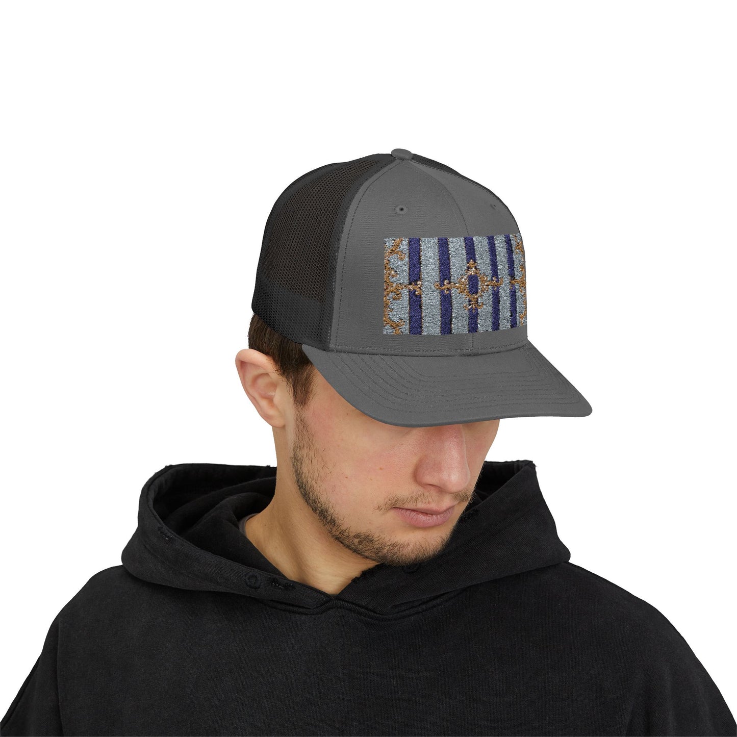 Stylish Snapback Trucker Cap with Vibrant Pattern, Trendy Hat for Outdoor Adventures, Casual Wear - Striped Gold Baroque
