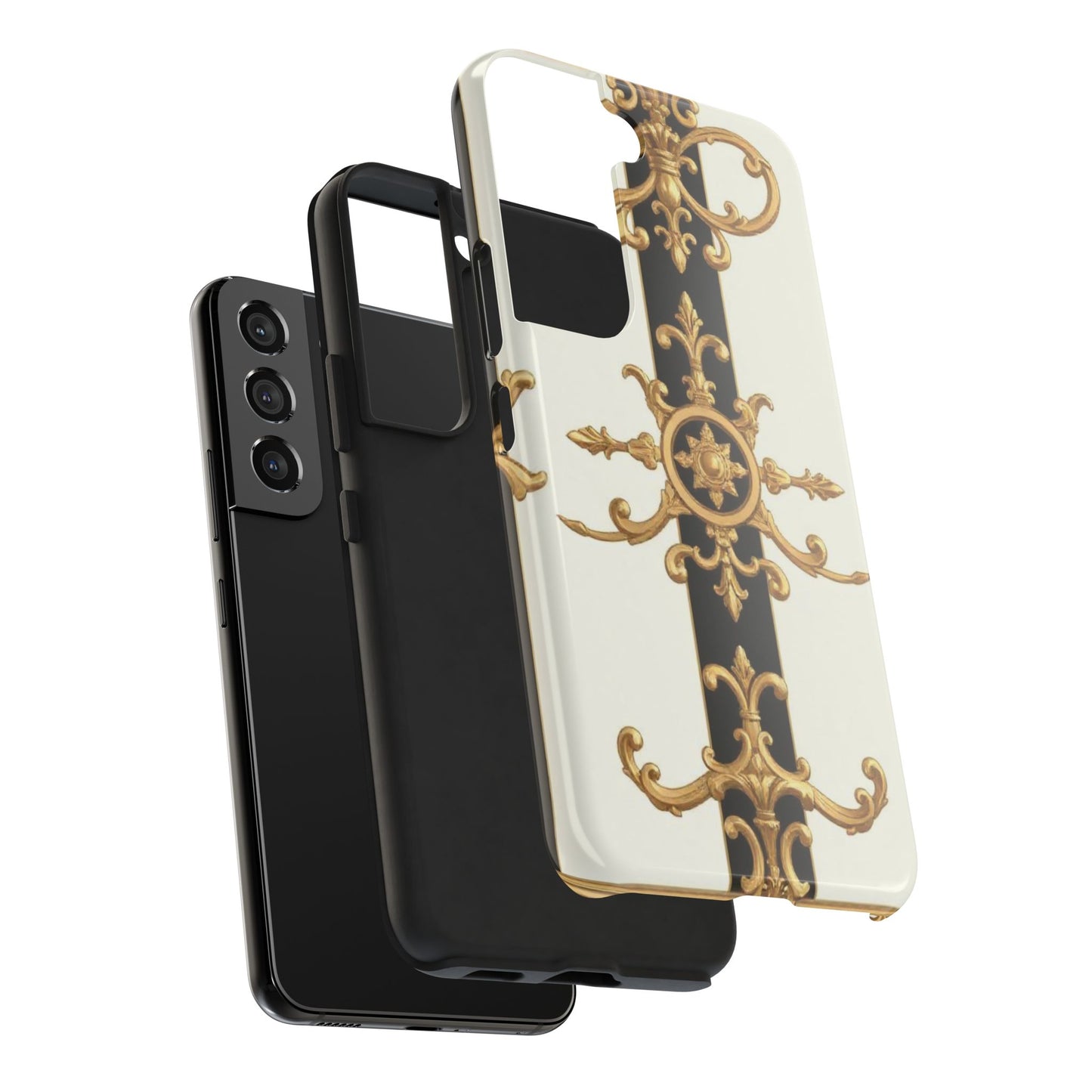 Elegant Baroque Tough Phone Case | Stylish Protection for Your Device, Gift for Her, Phone Accessories - Black & White Striped Gold Baroque