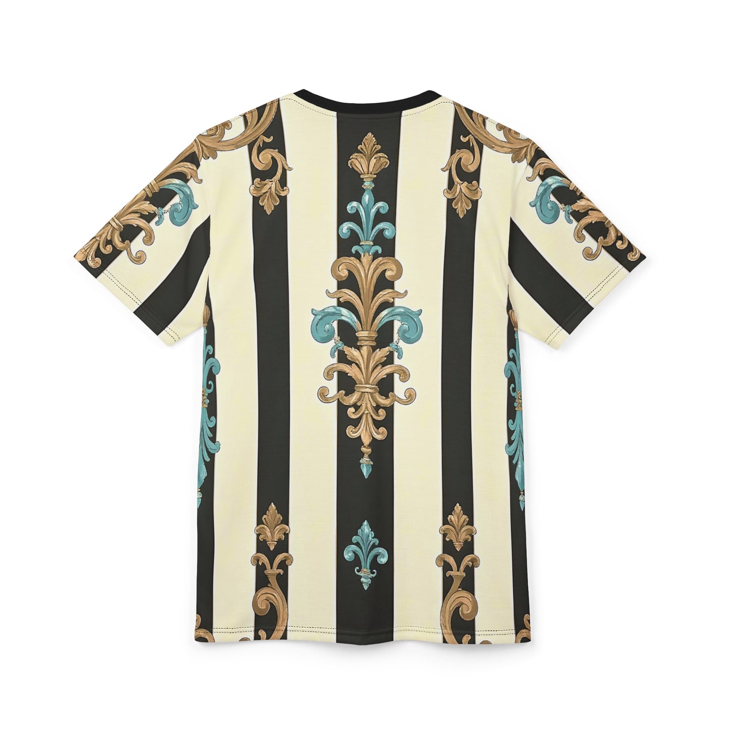 Stylish Unisex Patterned Tee, Fashion Tee for Men & Women, Casual Wear, Elegant Gift, Summer Top - Black Striped Turquoise & Black Rococo