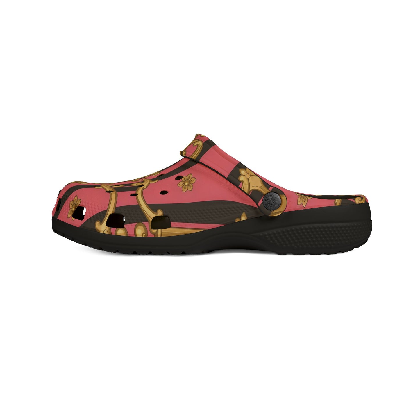 Elegant Designer EVA Foam Shoes - Trendy Comfort for Summer Outings, Fashionable Footwear for Garden - Pink & Black Striped Gold Baroque