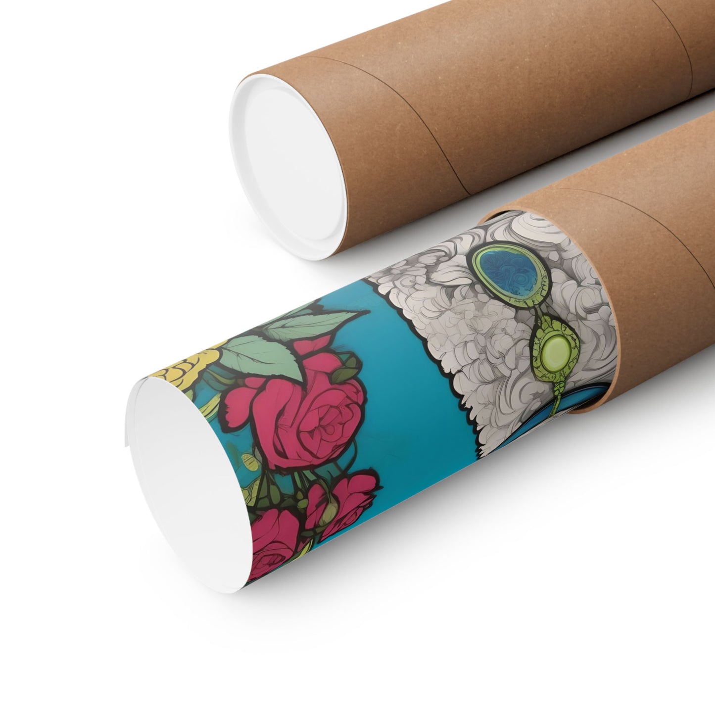 Floral Motif Art Poster - Elegant Matte Vertical Wall Decor - Golden Doodle In Turquoise & Roses