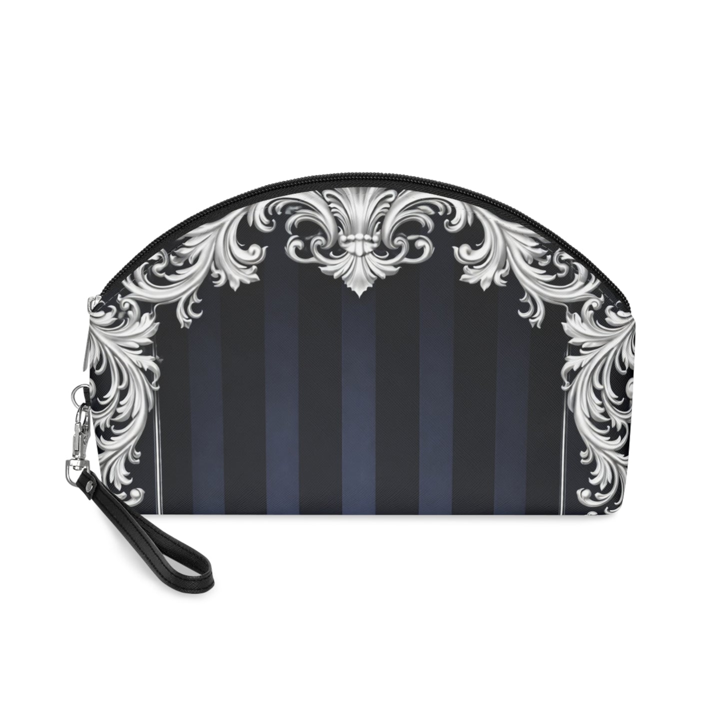 Navy Stripes & Baroque Makeup Bag — Elegant Navy & Silver Cosmetic Pouch