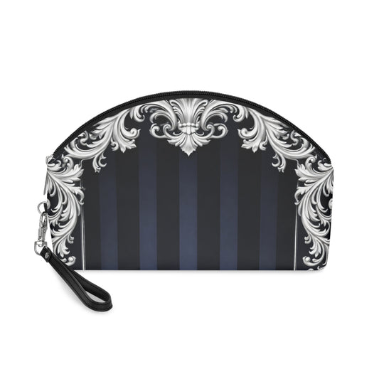 Navy Stripes & Baroque Makeup Bag — Elegant Navy & Silver Cosmetic Pouch