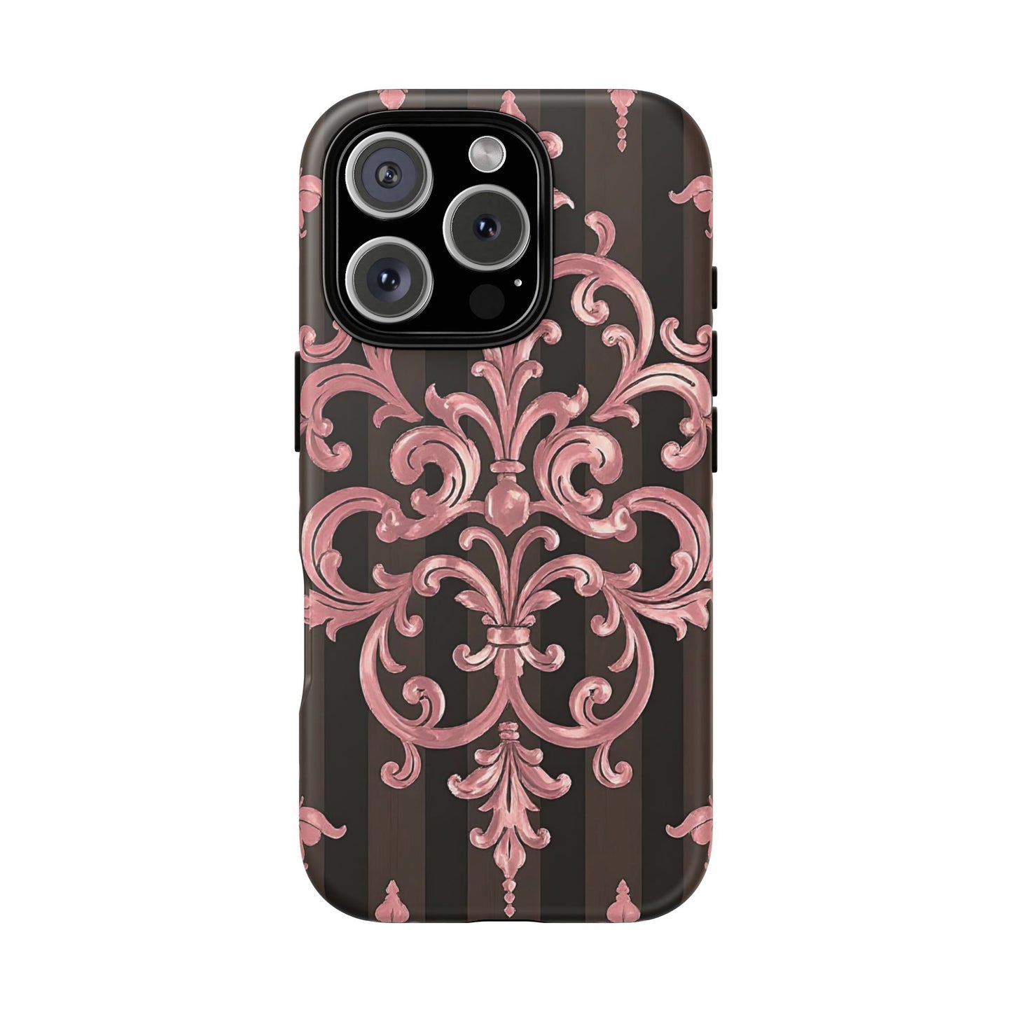 Elegant Floral Motif Phone Case - Tough Cases with Vintage Design - Brown Striped Mauve Damask