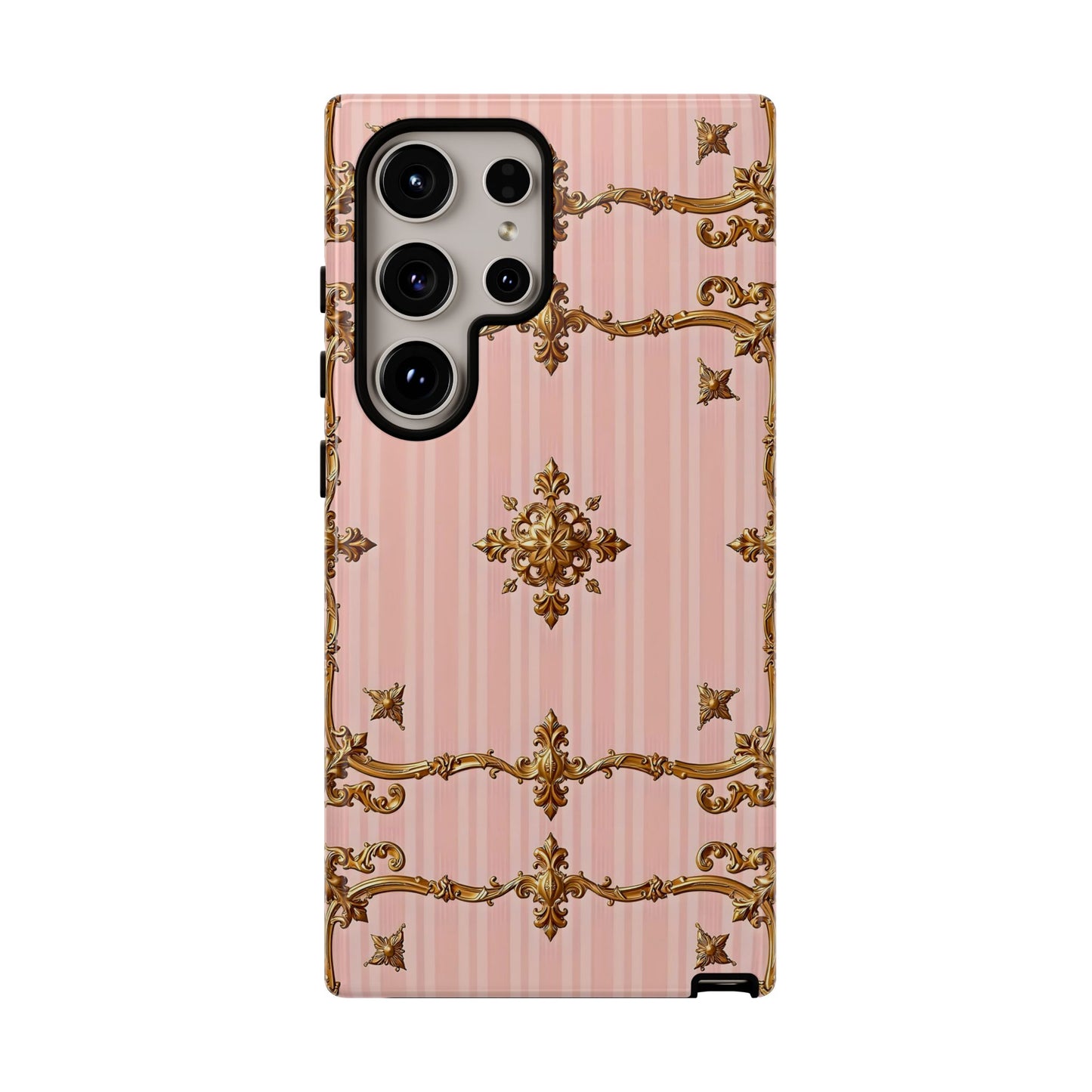 Elegant Floral Phone Case, Tough Cases for Women, Trendy Phone Cover, Chic Gift - Pink Striped Gold Baroque