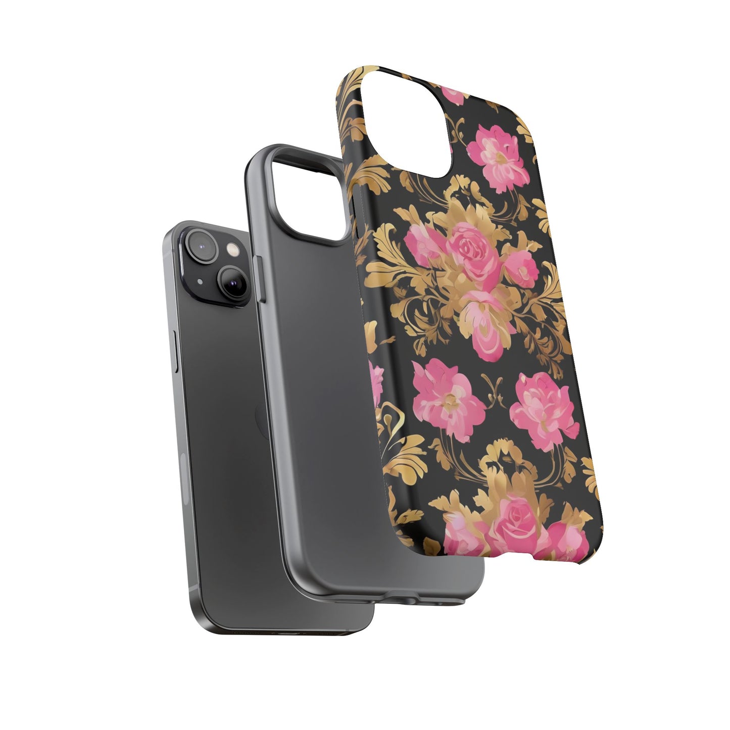 Elegant Floral Motif Phone Case - Tough Cases with Vintage Design - Pink & Gold Roses