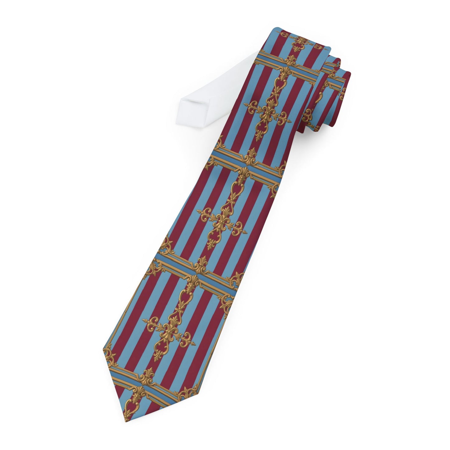 Elegant White Necktie - Formal Wear, Wedding Accessory, Business Attire, Groomsmen Gift - Sky Blue & Maroon Striped Baroque