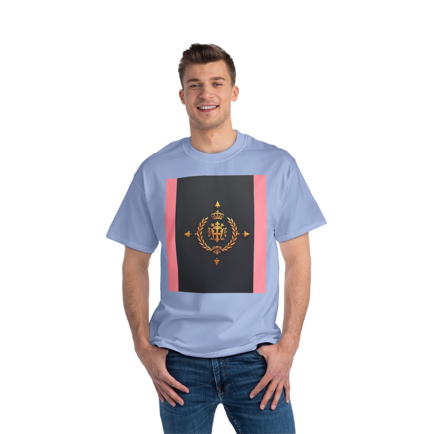 Short-Sleeve Graphic T-Shirt, Stylish Casual Wear, Trendy Gift for Friends, Summer Fashion, Statement Tee, Everyday Comfort - Pink Striped Gold Crest