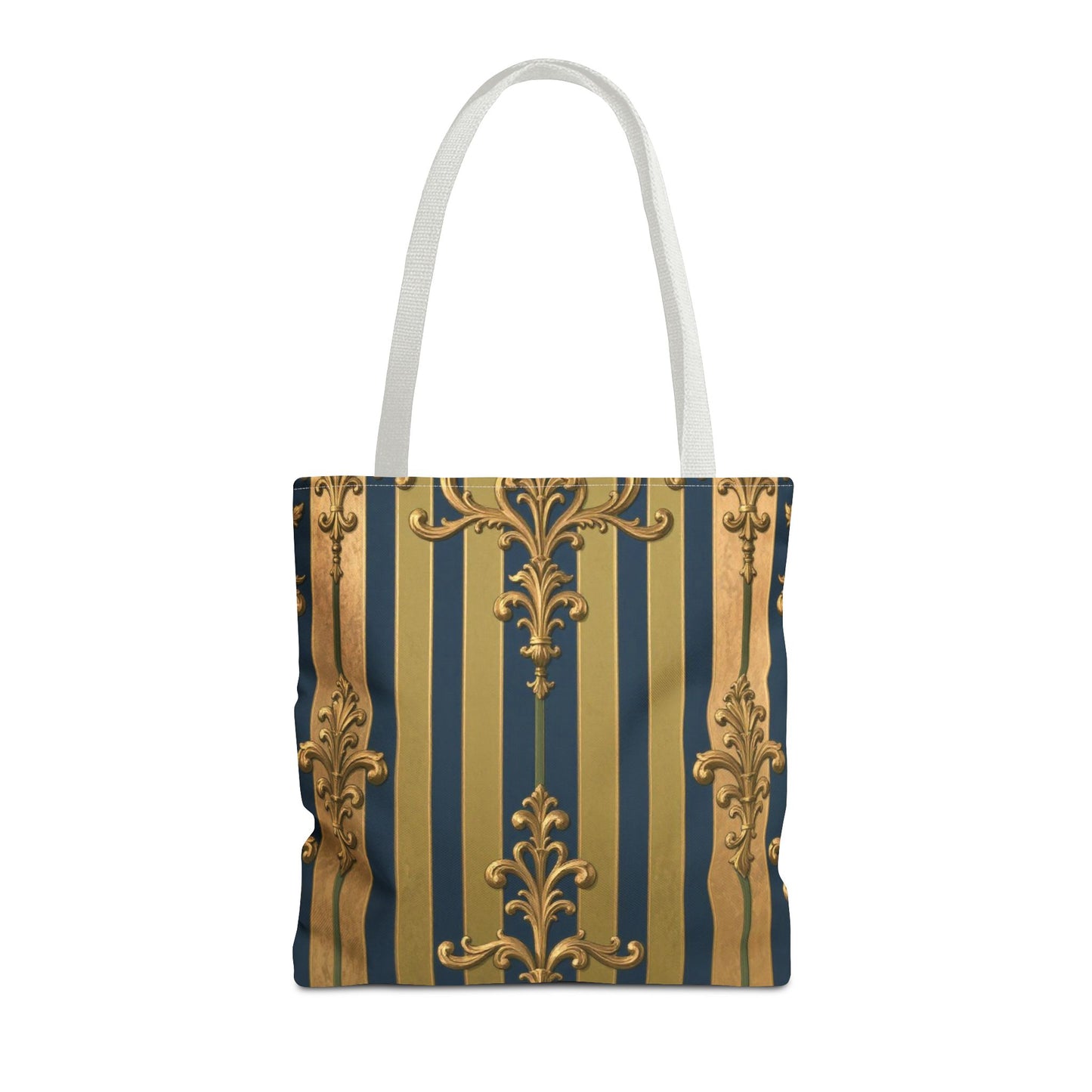 Elegant Midnight Blue & Olive Striped Gold Baroque Golden Striped Tote Bag, Stylish Shopping Bag, Trendy Handbag, Chic Gift for Her