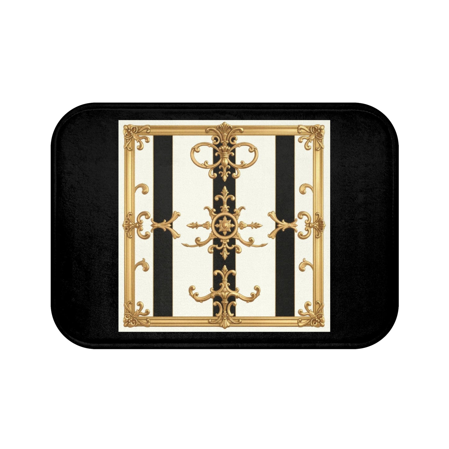 Elegant Gold and Black Bath Mat, Luxurious Bathroom Decor, Chic Home Accent, Gift for Housewarming - Black & White Striped Gold Baroque