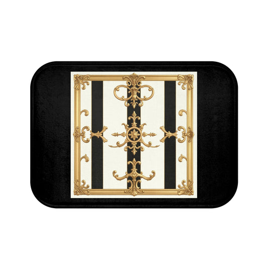 Elegant Gold and Black Bath Mat, Luxurious Bathroom Decor, Chic Home Accent, Gift for Housewarming - Black & White Striped Gold Baroque