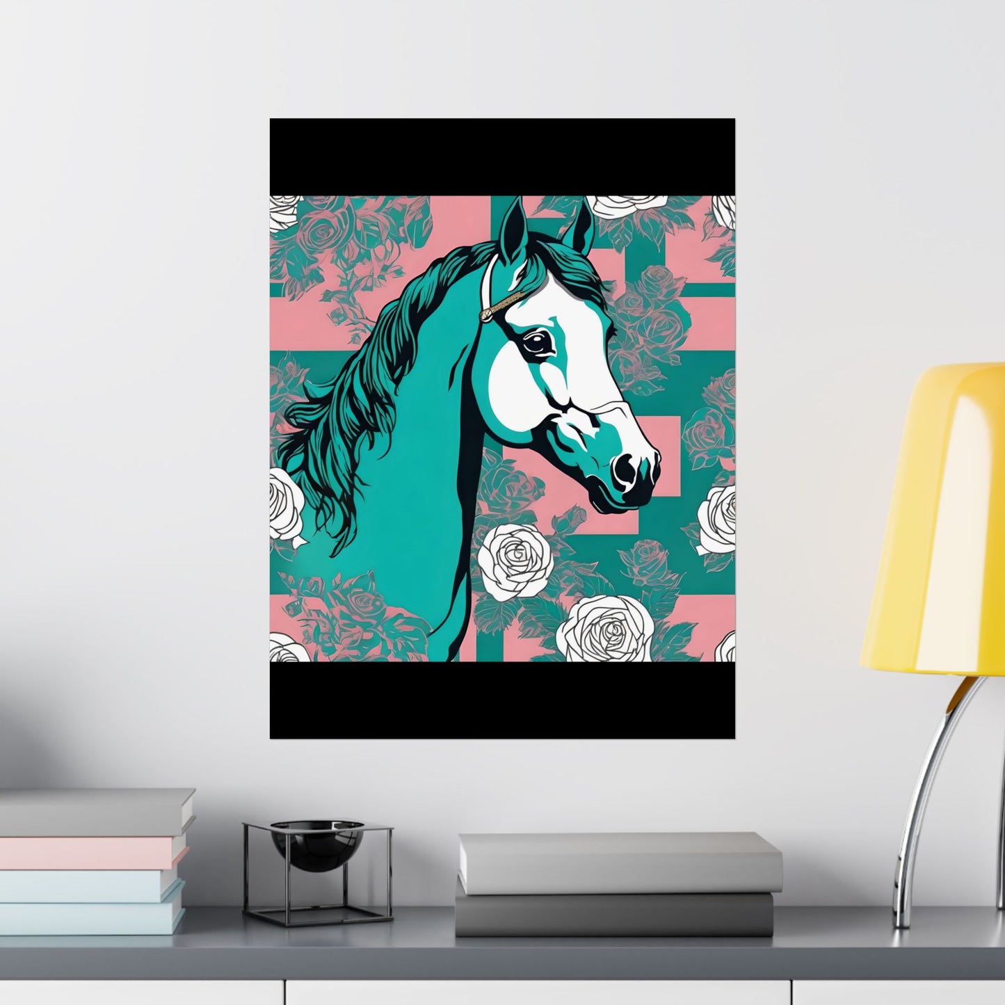 Floral Motif Art Poster - Elegant Matte Vertical Wall Decor - Teal & White Horse
