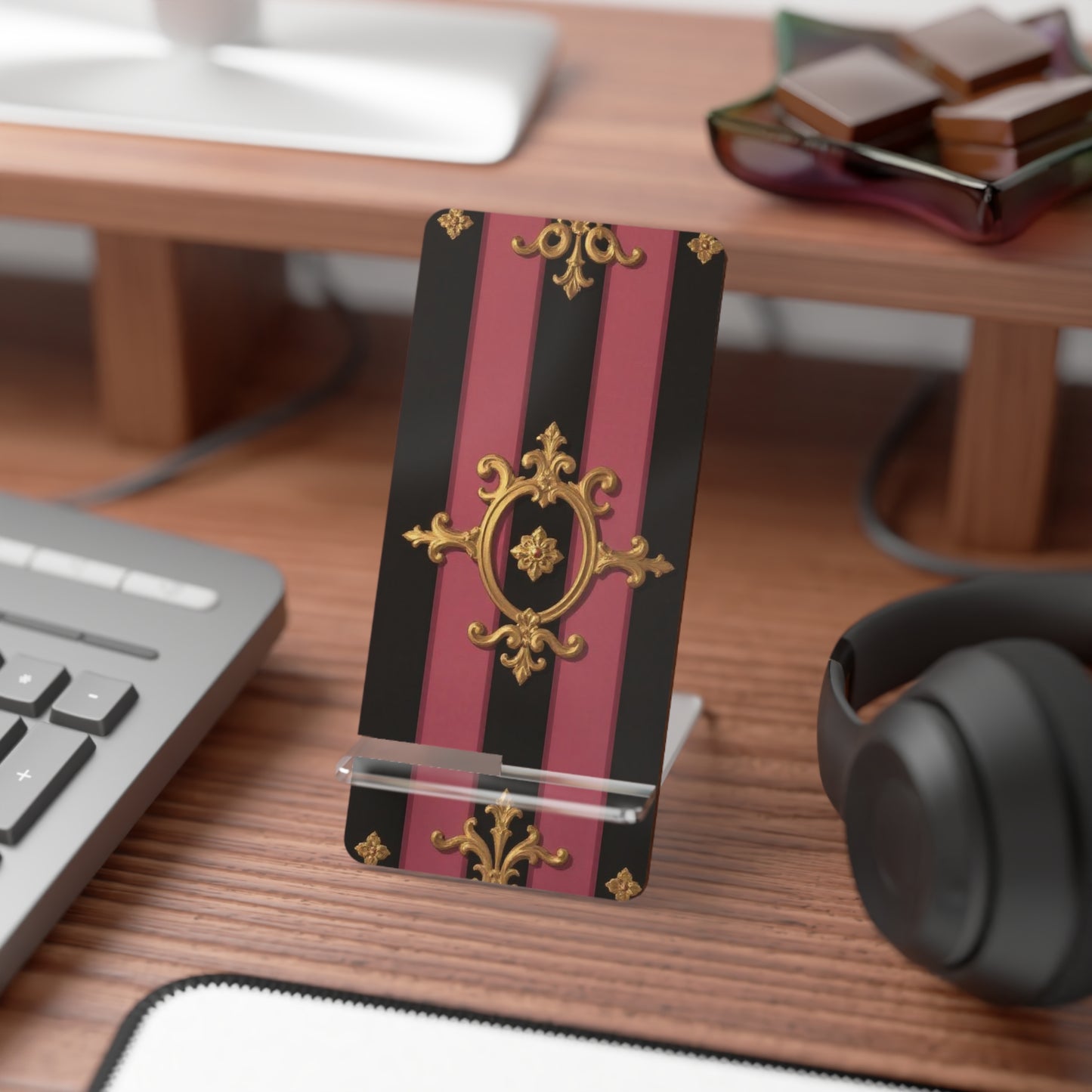 Elegant Black & Mauve Striped Gold Baroque Mobile Display Stand for Smartphones, Decorative Phone Holder, Desk Organizer Gift, Office Accessory