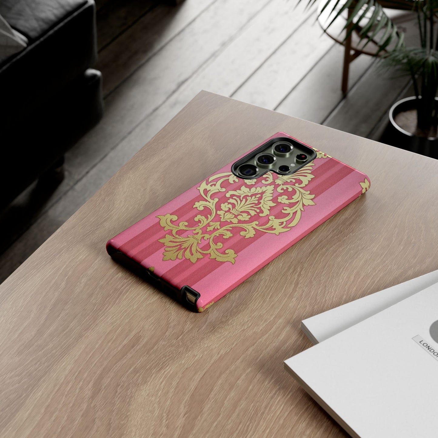Elegant Floral Motif Phone Case - Tough Cases with Vintage Design - Pink Striped Damask