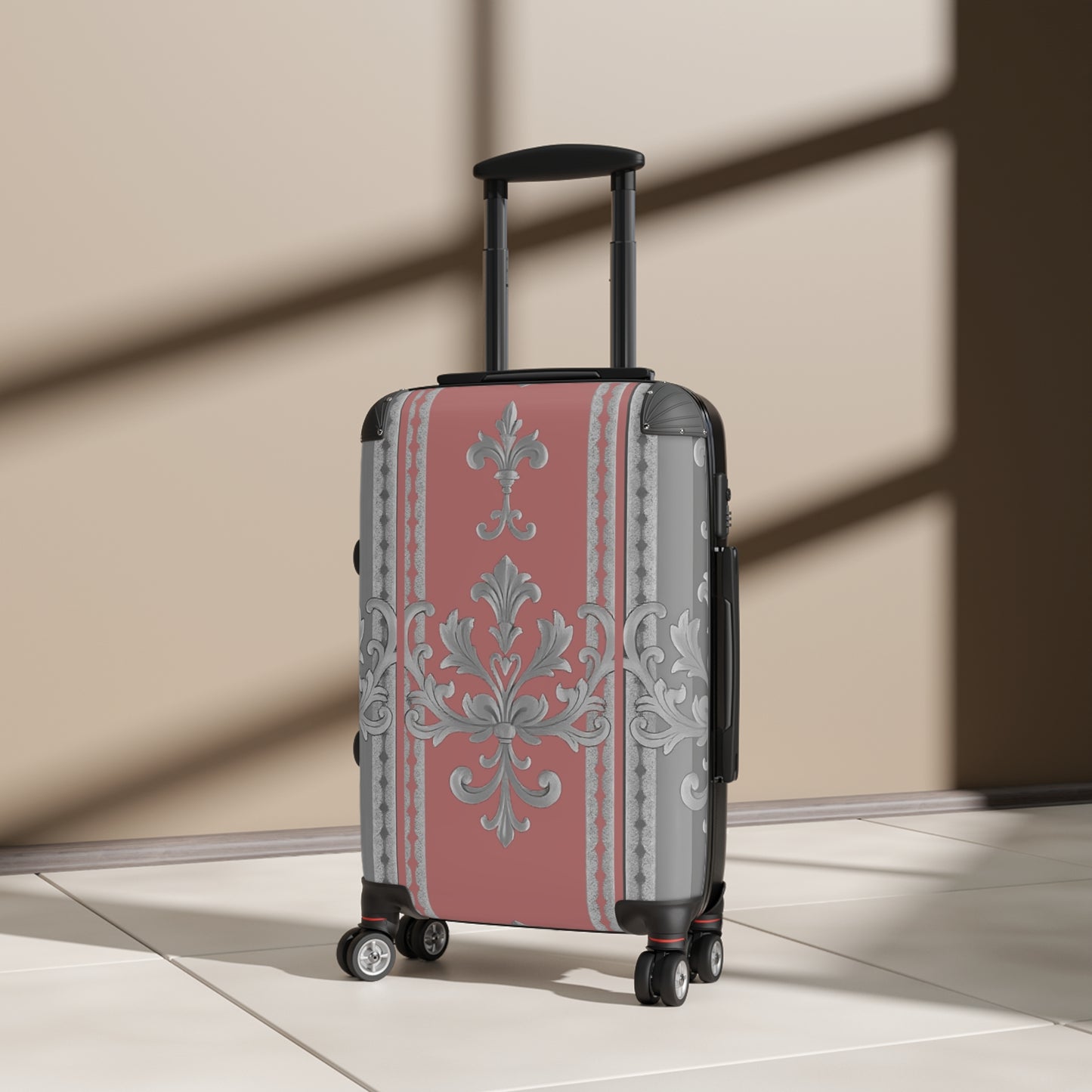 Elegant Floral Design Suitcase for Stylish Travelers - Gray & Mauve Striped Baroque