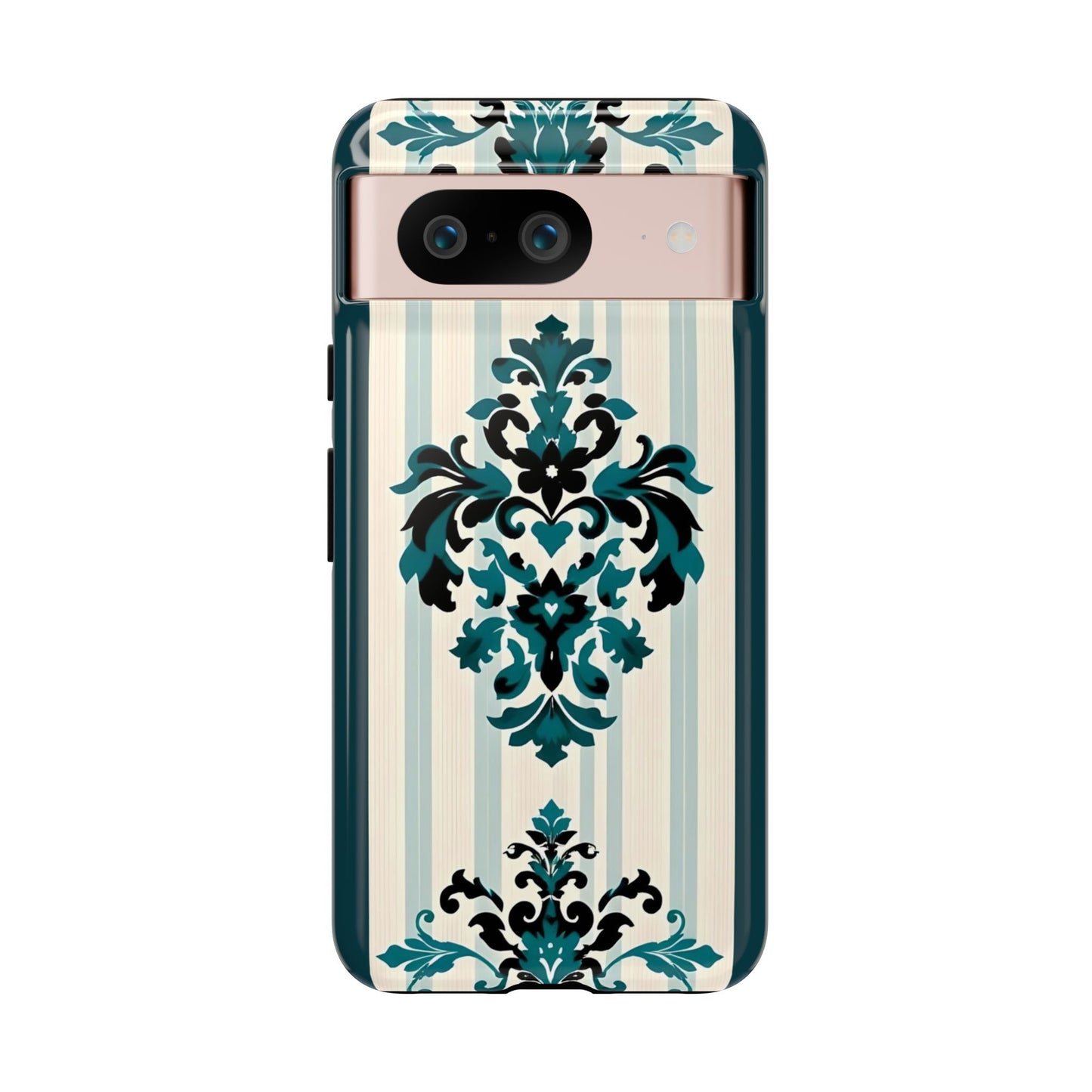 Elegant Floral Phone Case - Tough Cases with Vintage Design - Teal Striped Damask