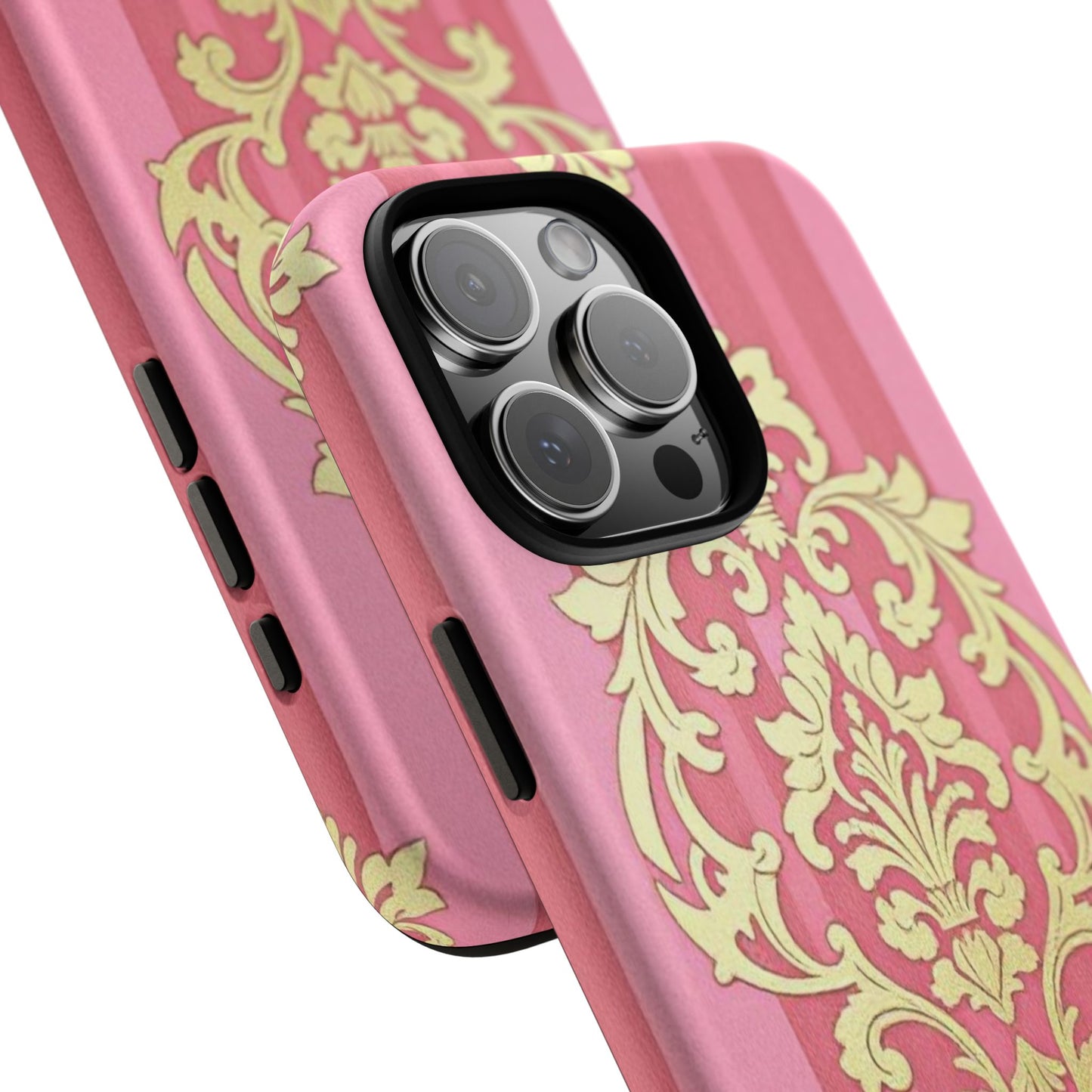 Elegant Floral Motif Phone Case - Tough Cases with Vintage Design - Pink Striped Damask