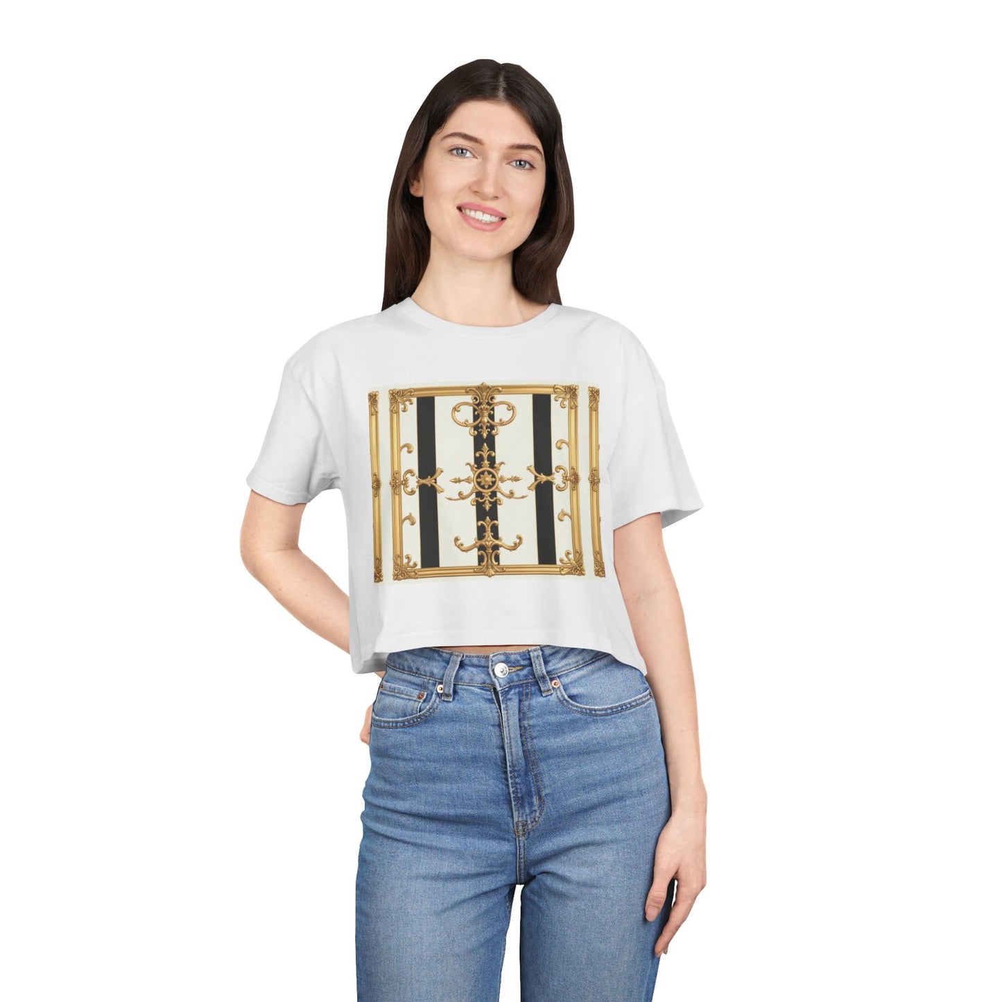 Chic Gold Baroque Women's Crop Tee, Stylish Summer Top, Fashionable Gift for Her, Casual Fashion - Black & White Striped Gold Baroque