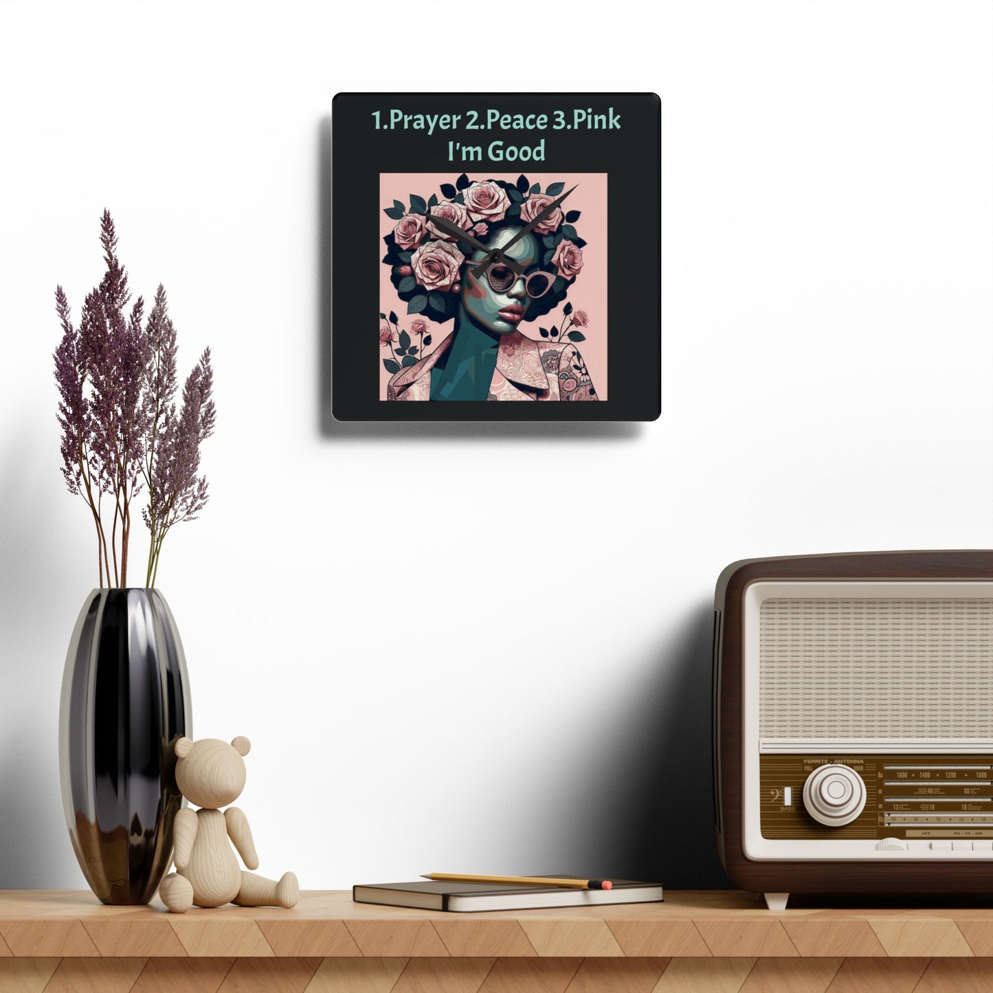Chic Floral Acrylic Wall Clock - 1 Prayer 2 Peace 3 Pink I'm Good, Home Decor, Unique Gift, Wall Art, Bohemian Style, Clock for Her