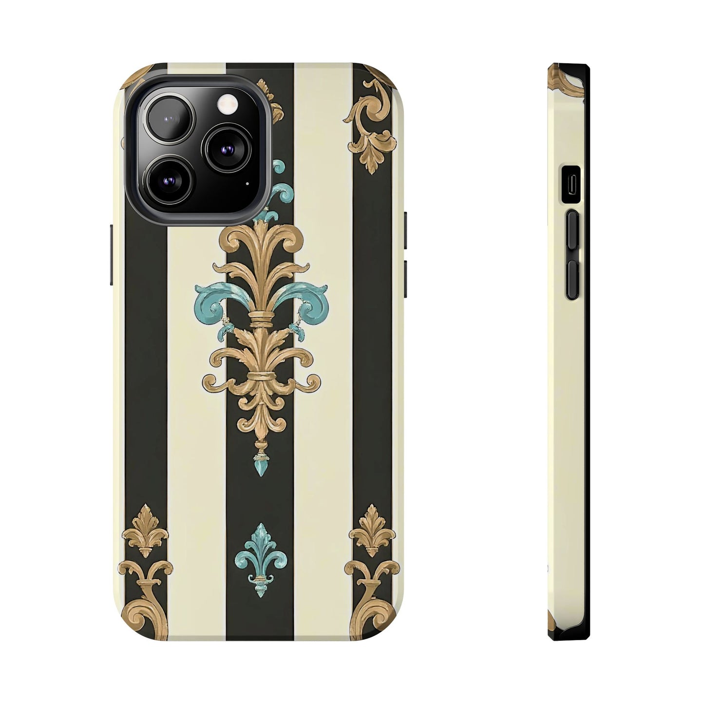Elegant Vintage Tough Phone Cases, Stylish Phone Accessories, Quality Protection, Gifts for Her - Black Striped Turquoise & Black Rococo