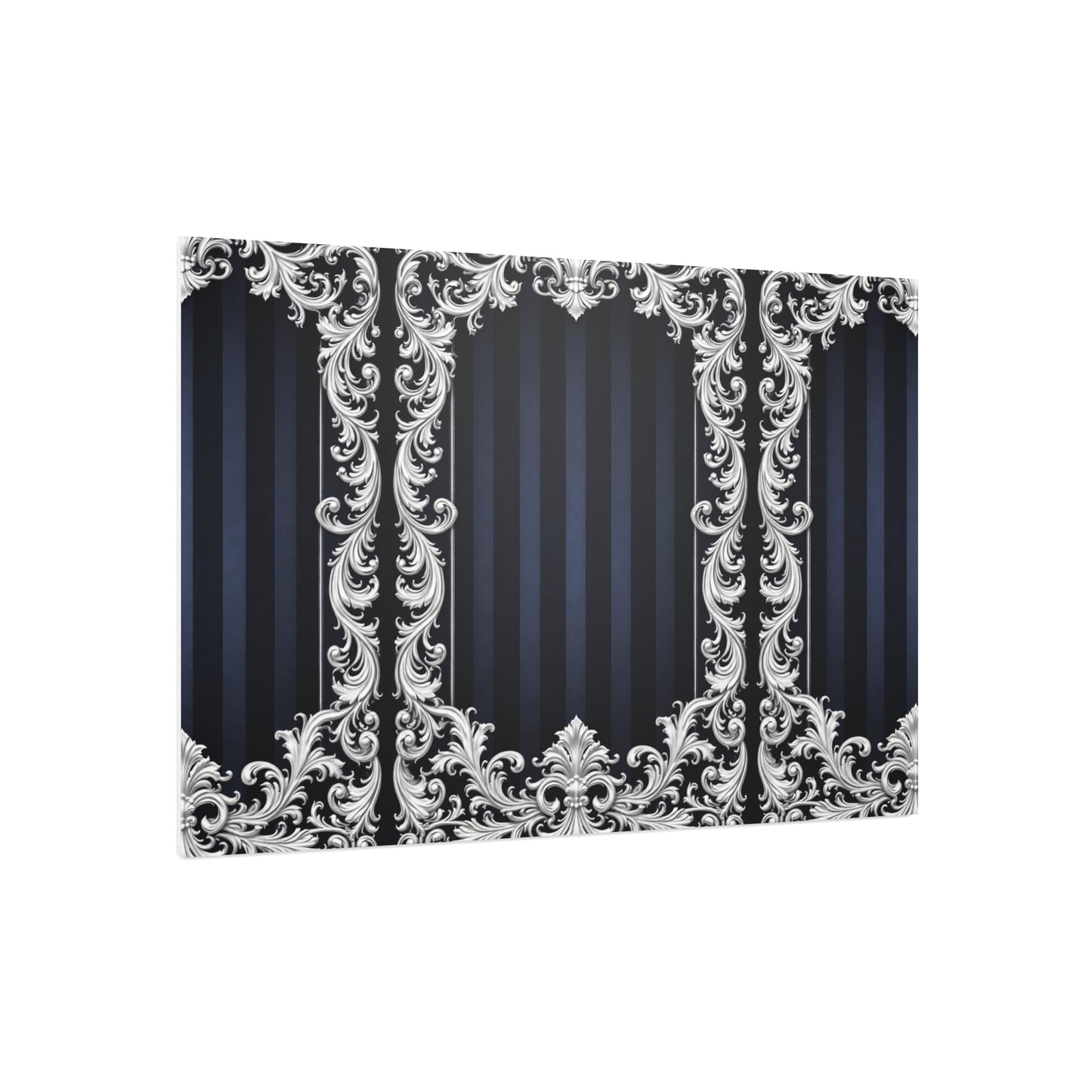 Navy Stripes & Baroque Foam Board Backdrop — Ornate Silver Scroll Panel