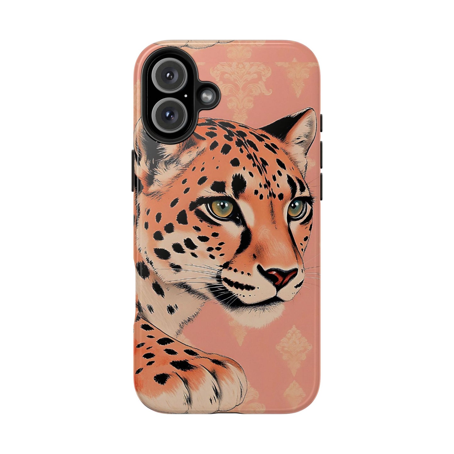 Leopard Tough Phone Case - Trendy Floral Motif Design for Animal Lovers - Peach Leopard & Damask