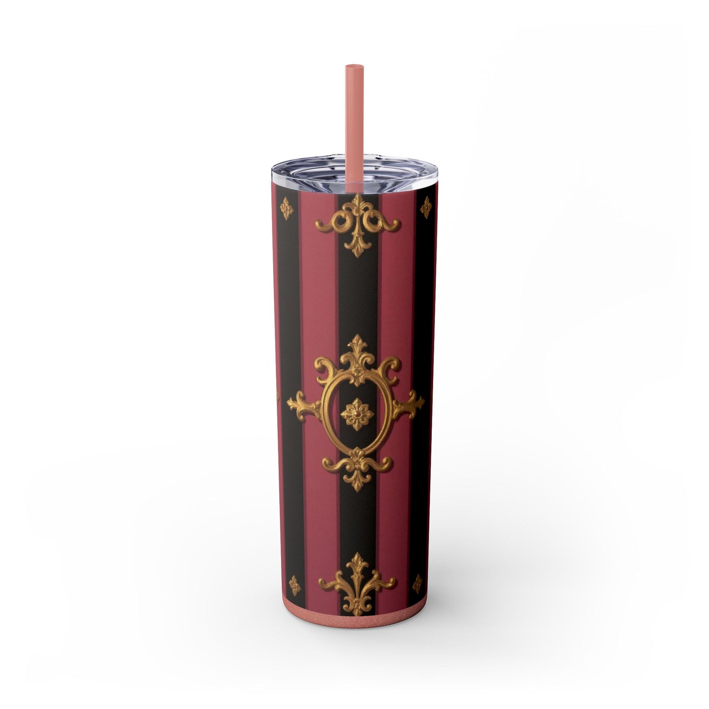 Elegant Black & Mauve Striped Gold Baroque Striped Skinny Tumbler with Straw, 20oz | Vintage Gold Accent Drinkware, Wedding Gift, Party Favor, Travel Mug