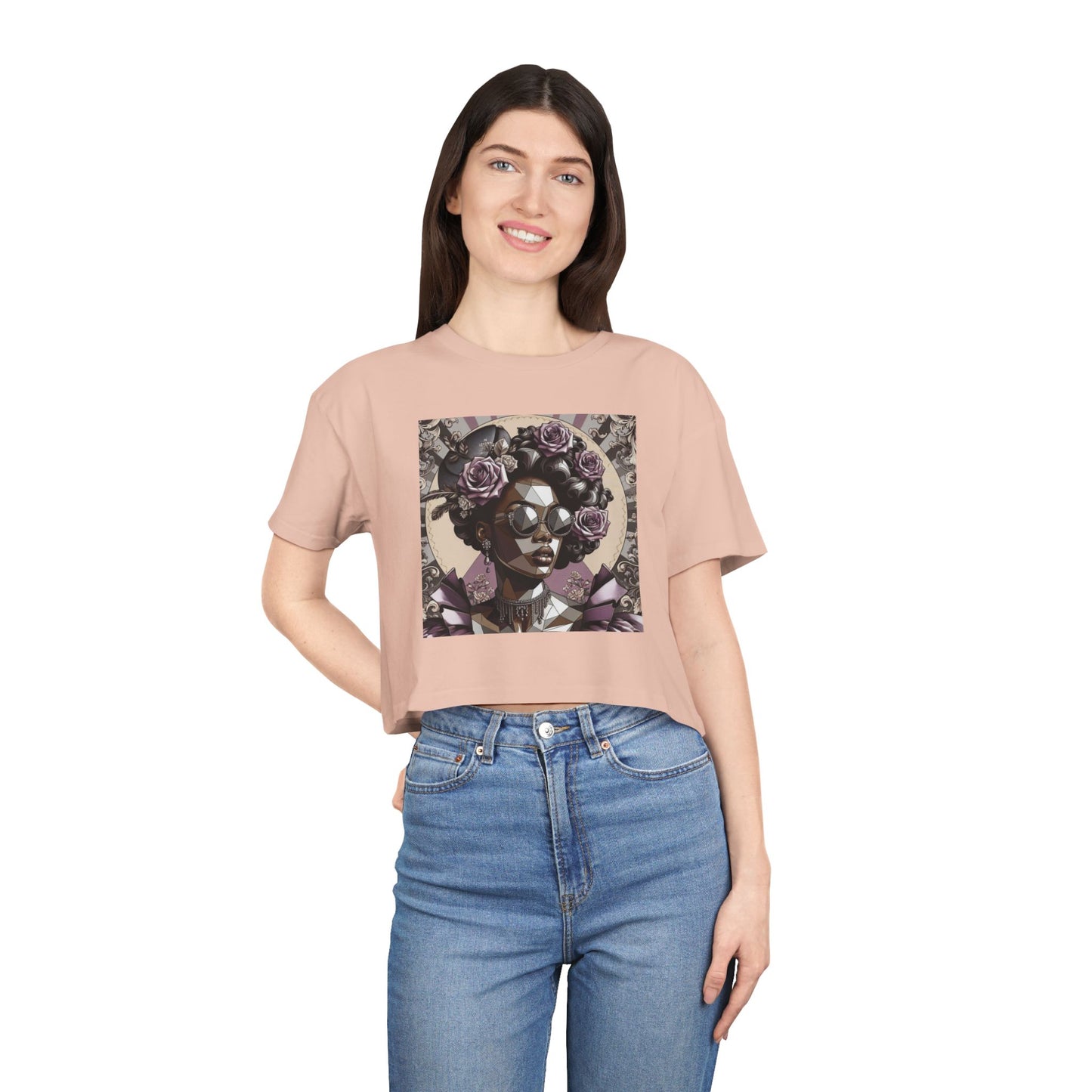 Poly Art Chic Women's Crop Tee - Floral Art Inspired Shirt, Casual Summer Wear, Festival Top, Vintage Style - Lilac Baroque Lady