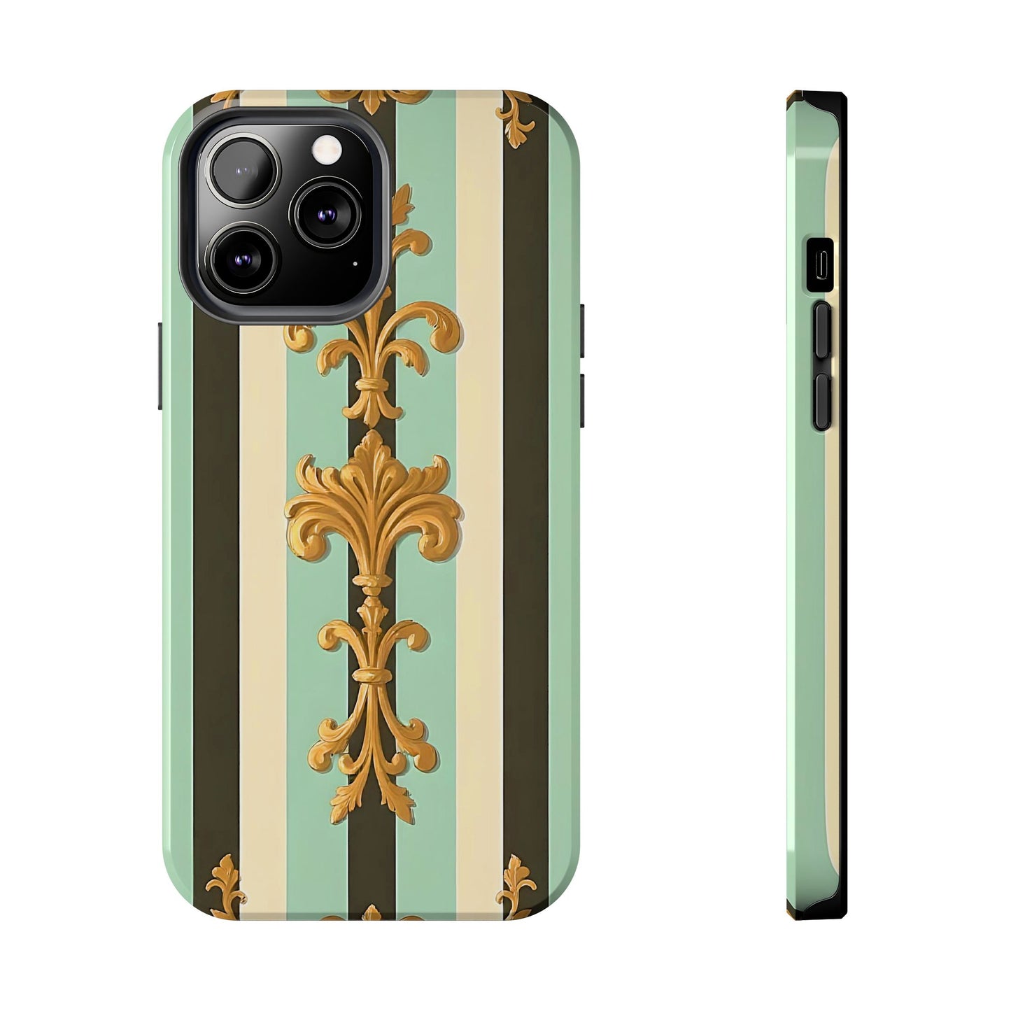 Elegant Floral Tough Phone Cases - Stylish Protection for All Occasions, Gifts for Her, Phone Covers - Black & Matte Mint Striped Rococo