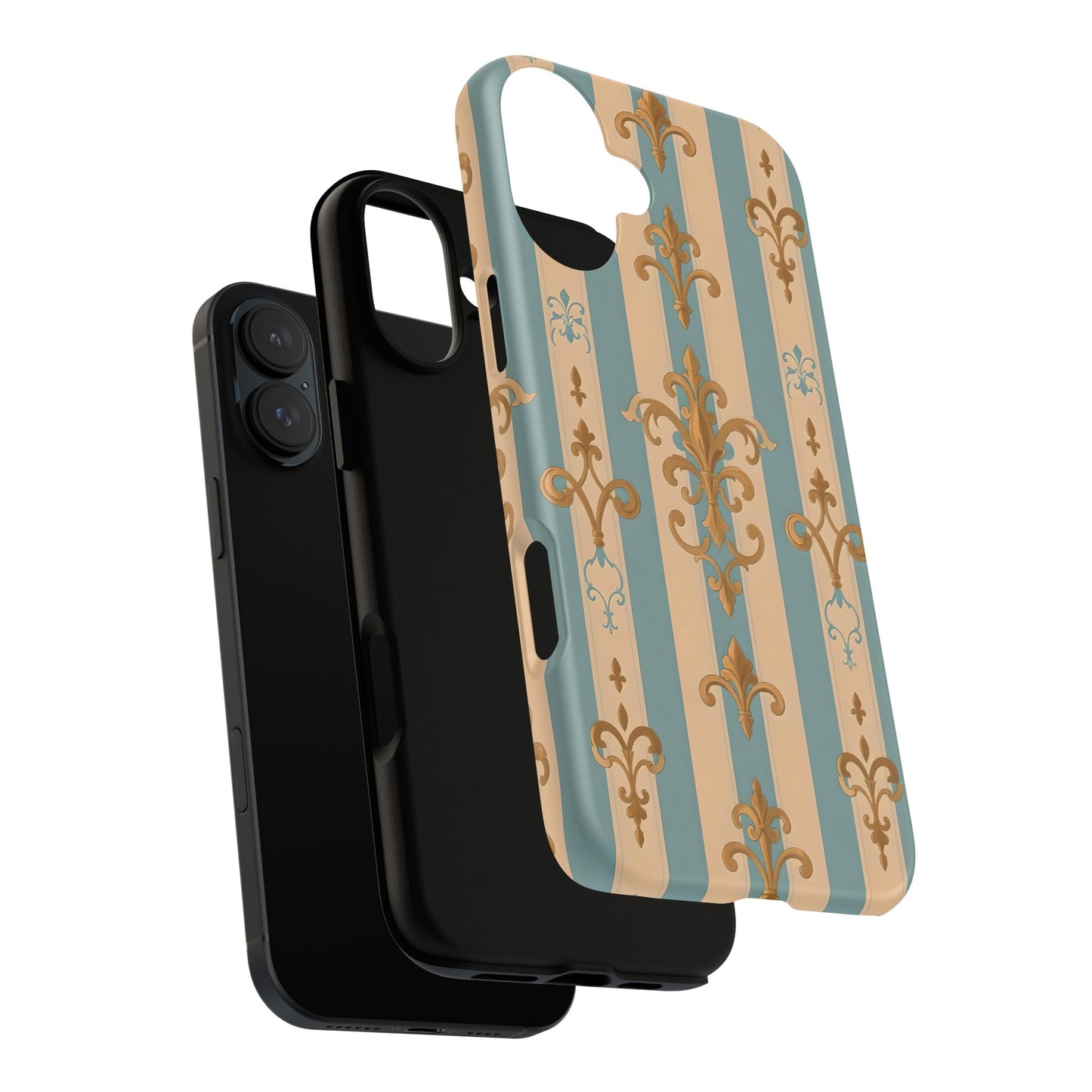 Elegant Floral Motif Phone Case - Tough Cases with Vintage Design -  Beige & Sky Blue Striped Gold Damask