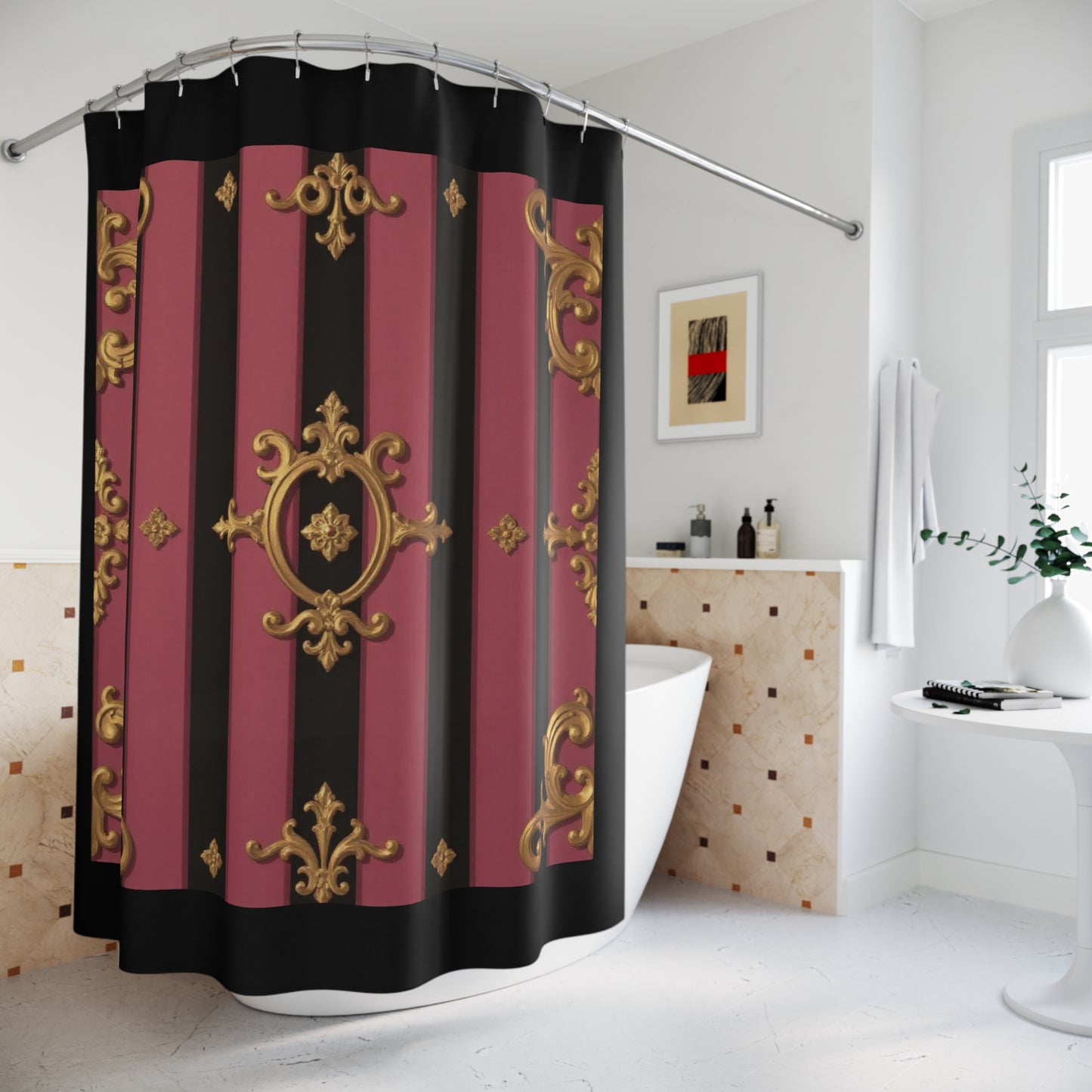Luxurious Black & Mauve Striped Gold Baroque Shower Curtain, Bathroom Decor, Elegant Home Accents, Gothic Style, Gift for Her
