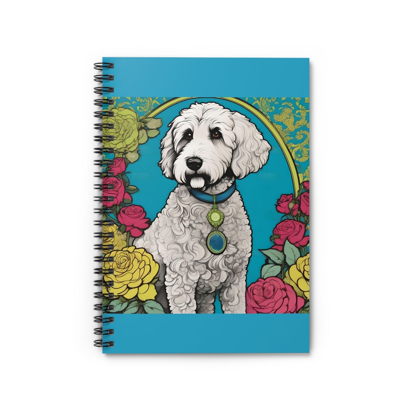 Elegant Vintage Spiral Notebook - Ruled Line with Golden Doodle In Turquoise & Roses