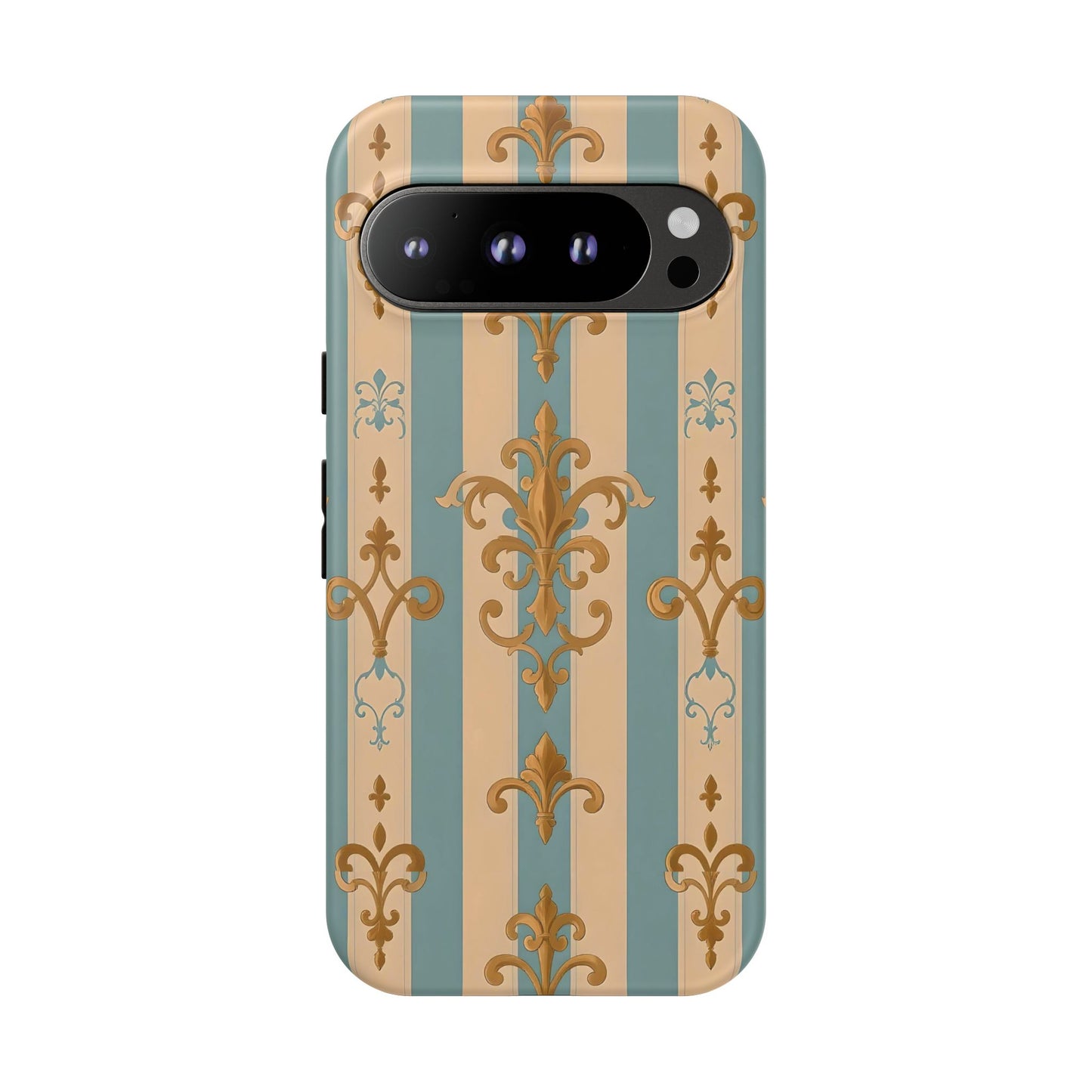Elegant Floral Motif Phone Case - Tough Cases with Vintage Design -  Beige & Sky Blue Striped Gold Damask