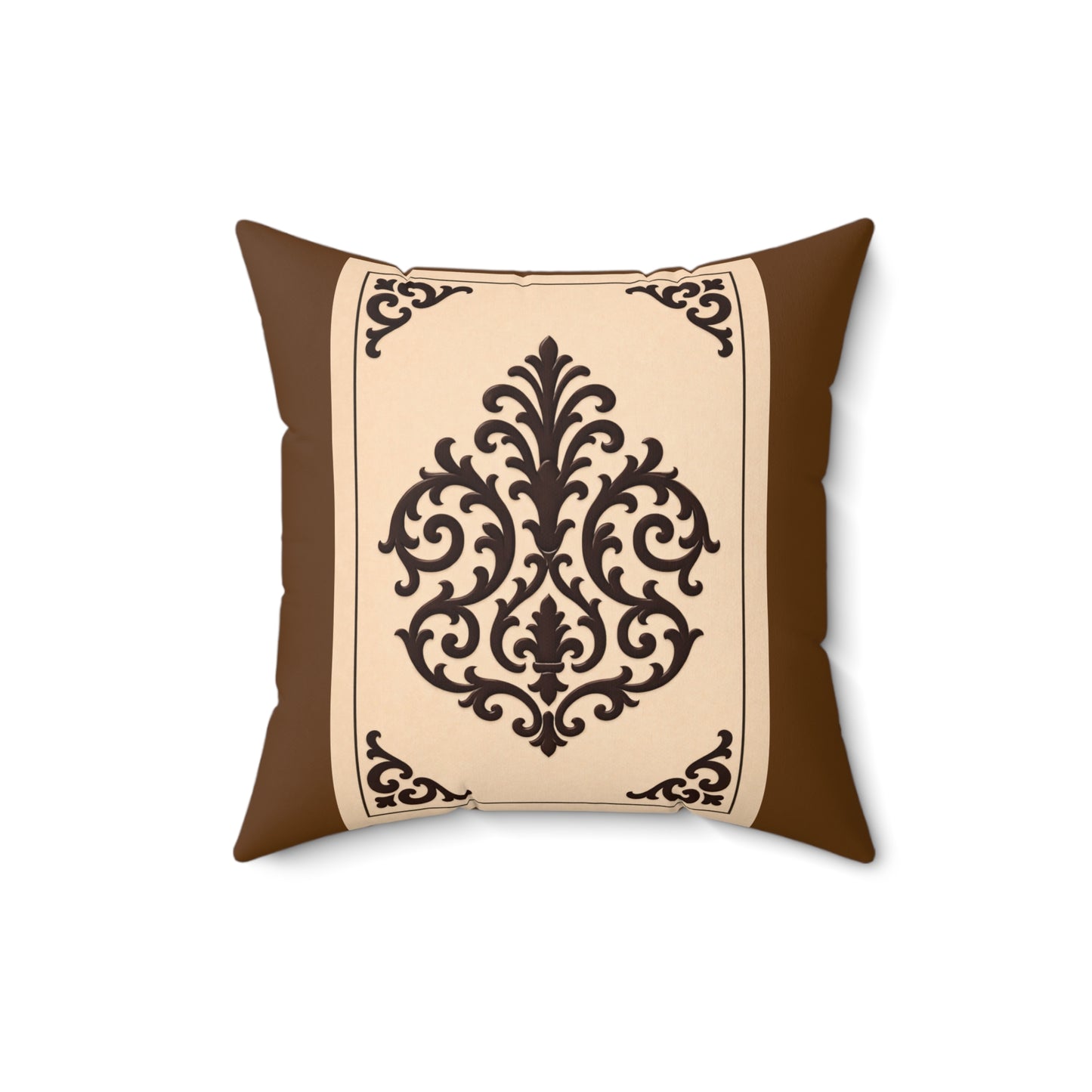Almond-Beige & Brown Baroque Suede Pillow — Brown Ornate Square Throw Pillow