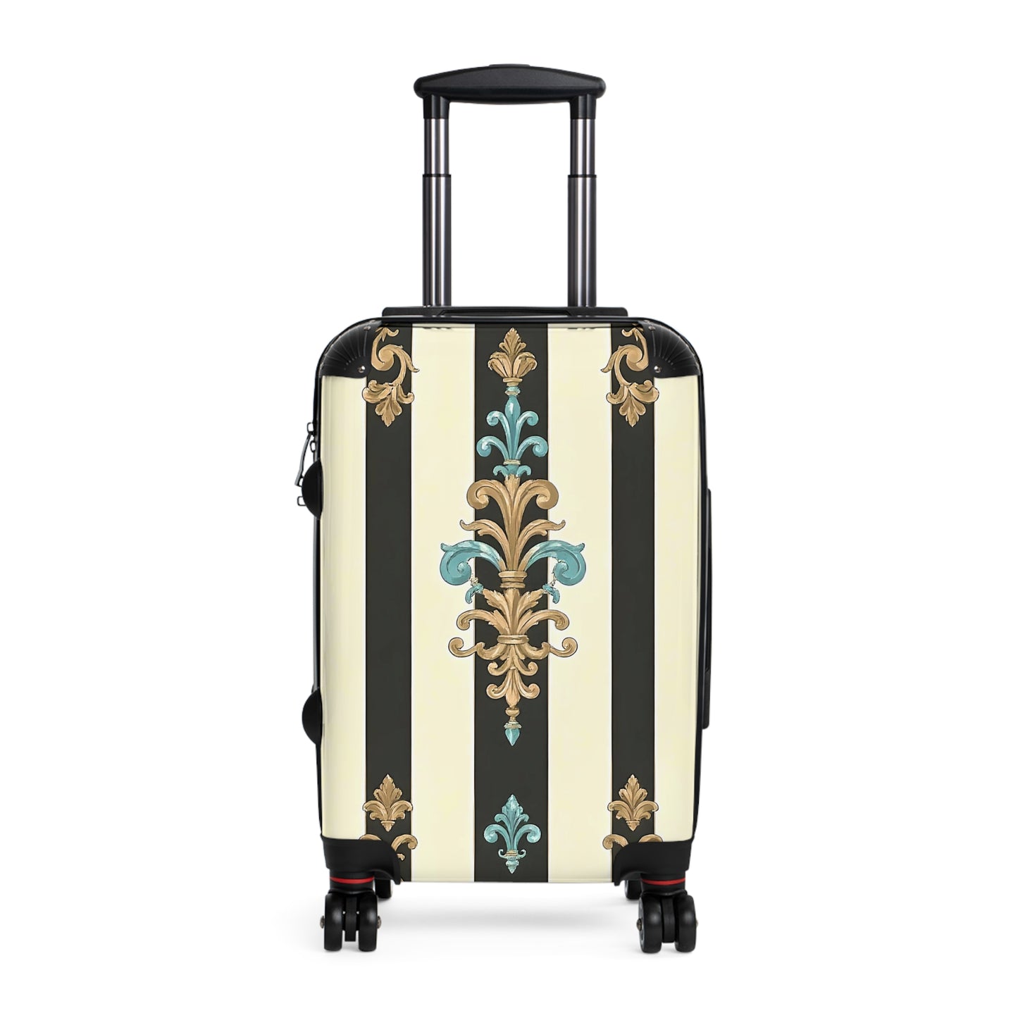 Chic Travel Suitcase | Vintage Floral Design, Luggage Bag, Stylish Carry-On, Travel Gear, Vacation Essentials - Black Striped Turquoise & Black Rococo