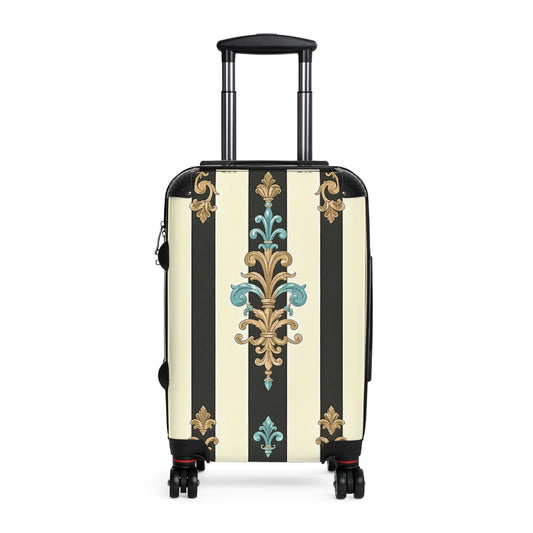 Chic Travel Suitcase | Vintage Floral Design, Luggage Bag, Stylish Carry-On, Travel Gear, Vacation Essentials - Black Striped Turquoise & Black Rococo
