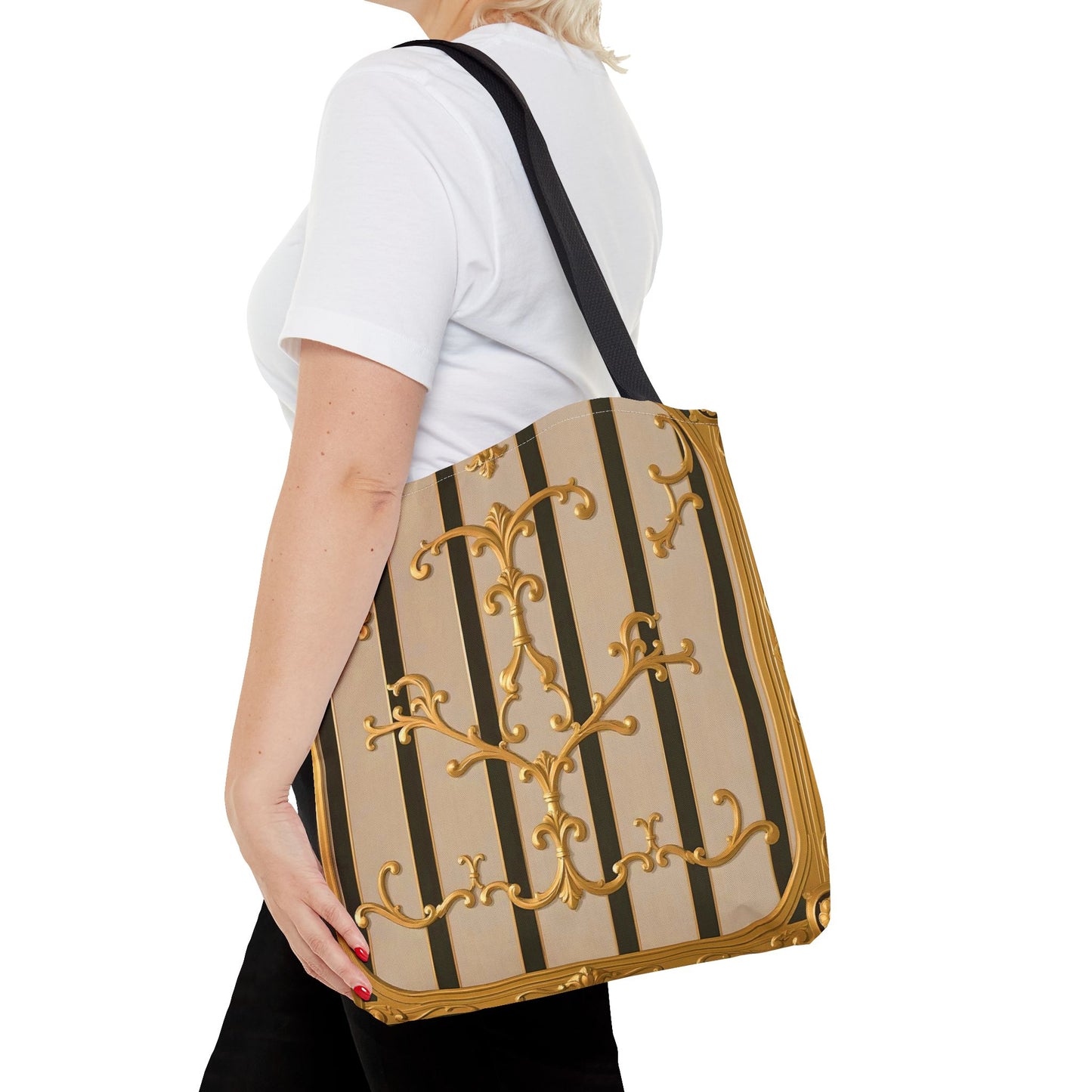 Elegant Gold Pattern Tote Bag - Stylish Carryall for Everyday Use, Eco-Friendly Shopping, Gift for Her - Beige Striped Gold Rococo
