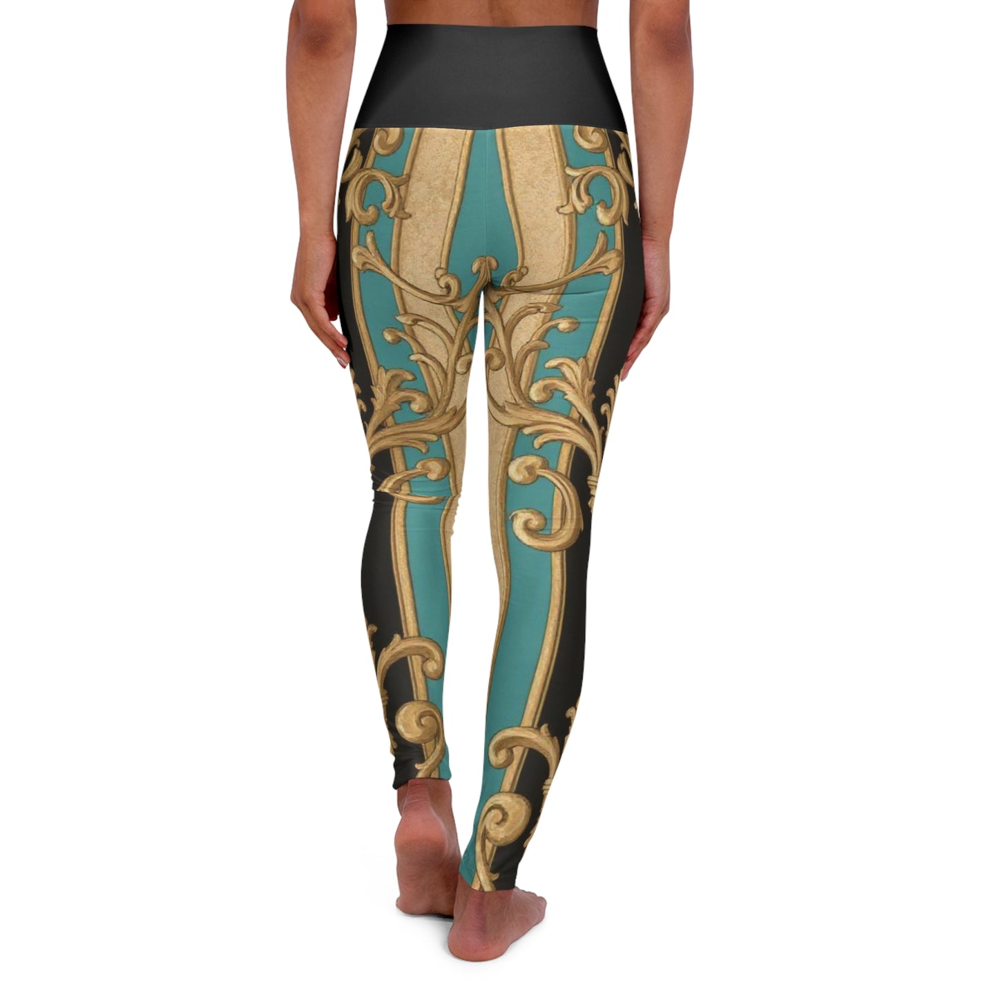 Elegant Black, Tan & Ocean Green Striped Gold Baroque High Waisted Yoga Leggings - Stylish Activewear, Fitness Fashion, Workout Gear