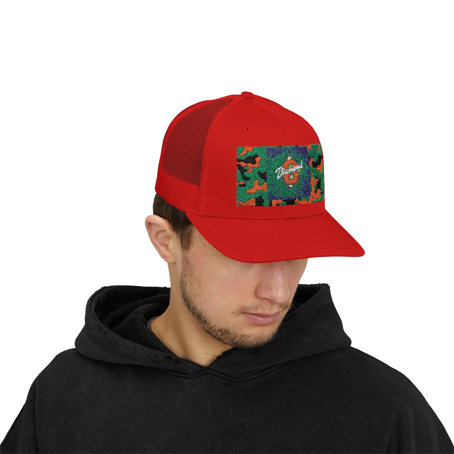 Colorful Camouflage Snapback Trucker Cap, Casual Hat, Outdoor Gear, Unisex Headwear, Gift for Him/Her - Green & Orange Camo Diamond 8