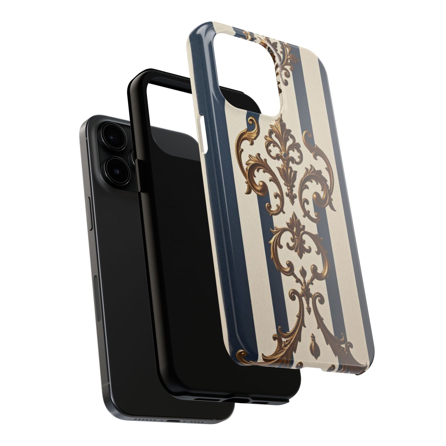 Damask Tough Phone Case - Alabaster & Blue Striped Damask