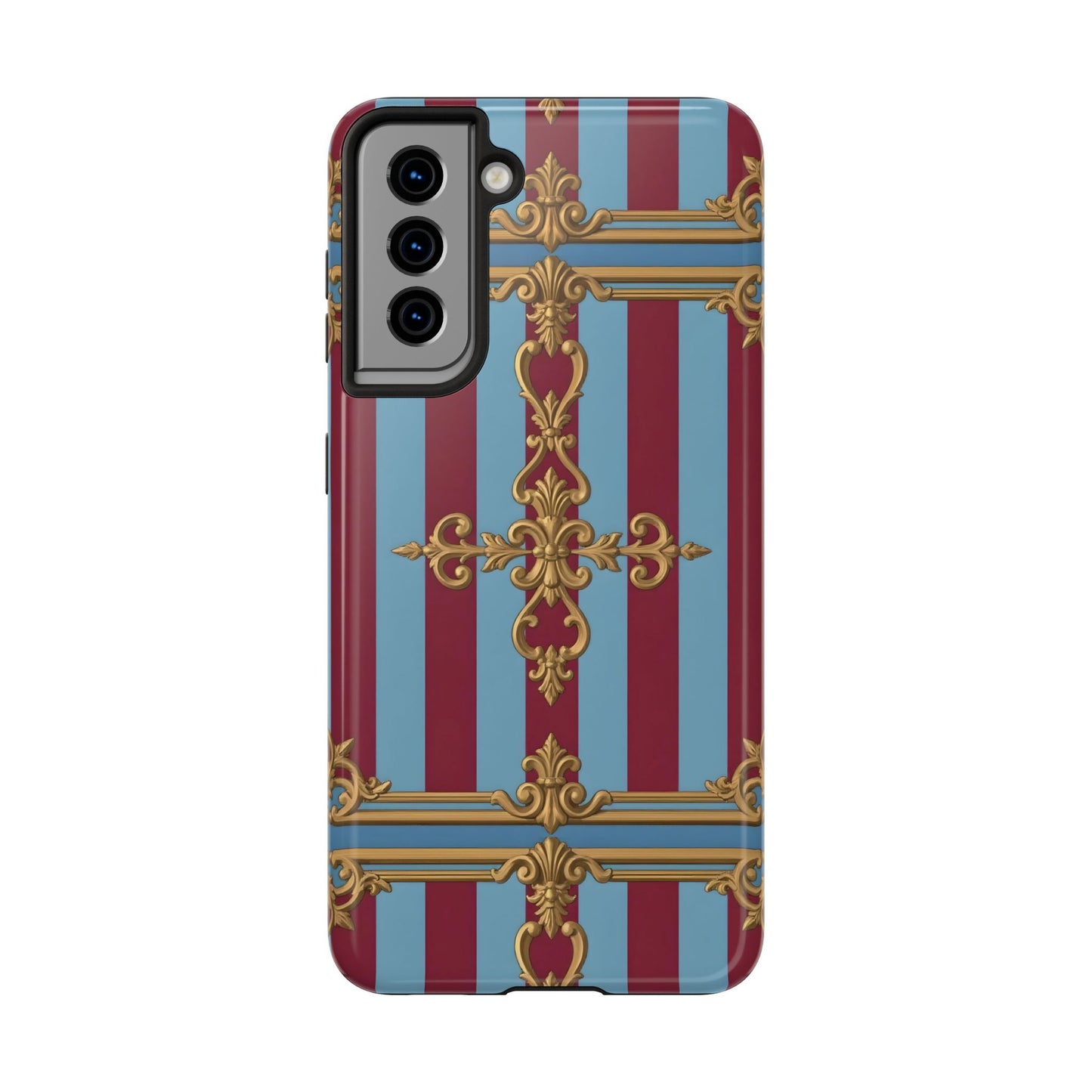 Elegant Patterned Tough Phone Cases, Stylish Phone Cover, Durable Phone Protection, Unique Gift Idea - Sky Blue & Maroon Striped Baroque