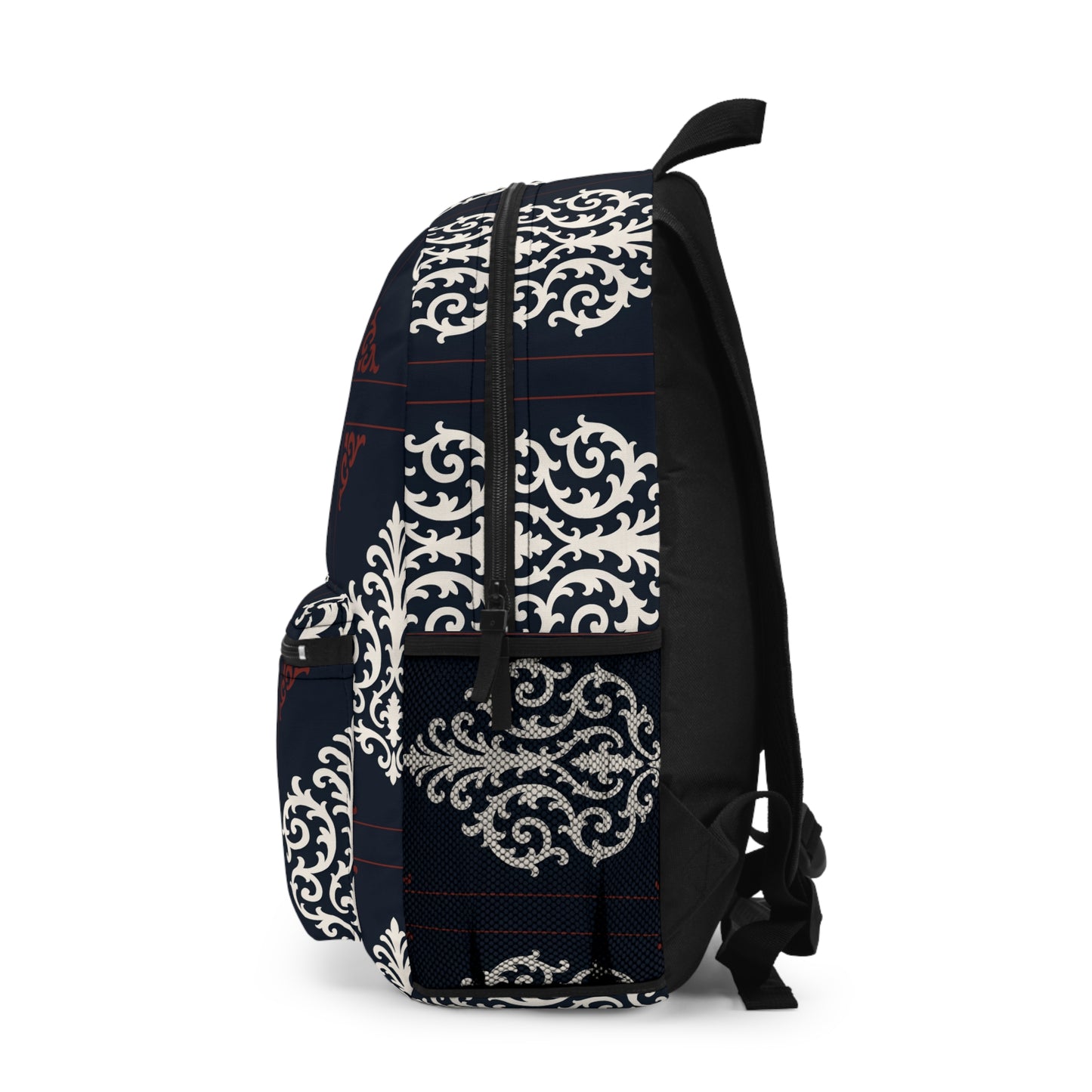 Dusk Blue-Maroon & White Baroque Pattern Backpack — Elegant Dusk Blue & White Vintage Baroque School Bag