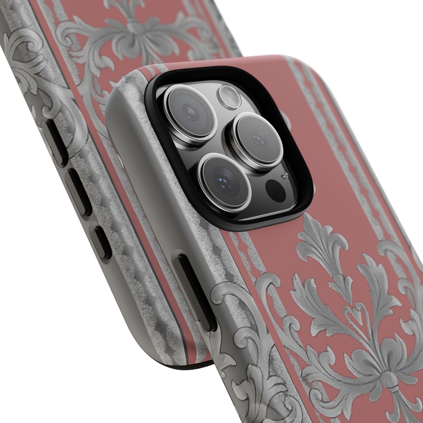Elegant Floral Phone Case - Tough Cases for Stylish Protection - Gray & Mauve Striped Baroque