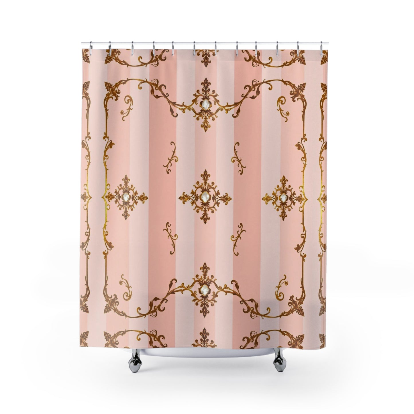 Elegant Vintage Floral Shower Curtain - Pink Jeweled Striped Gold Baroque Design